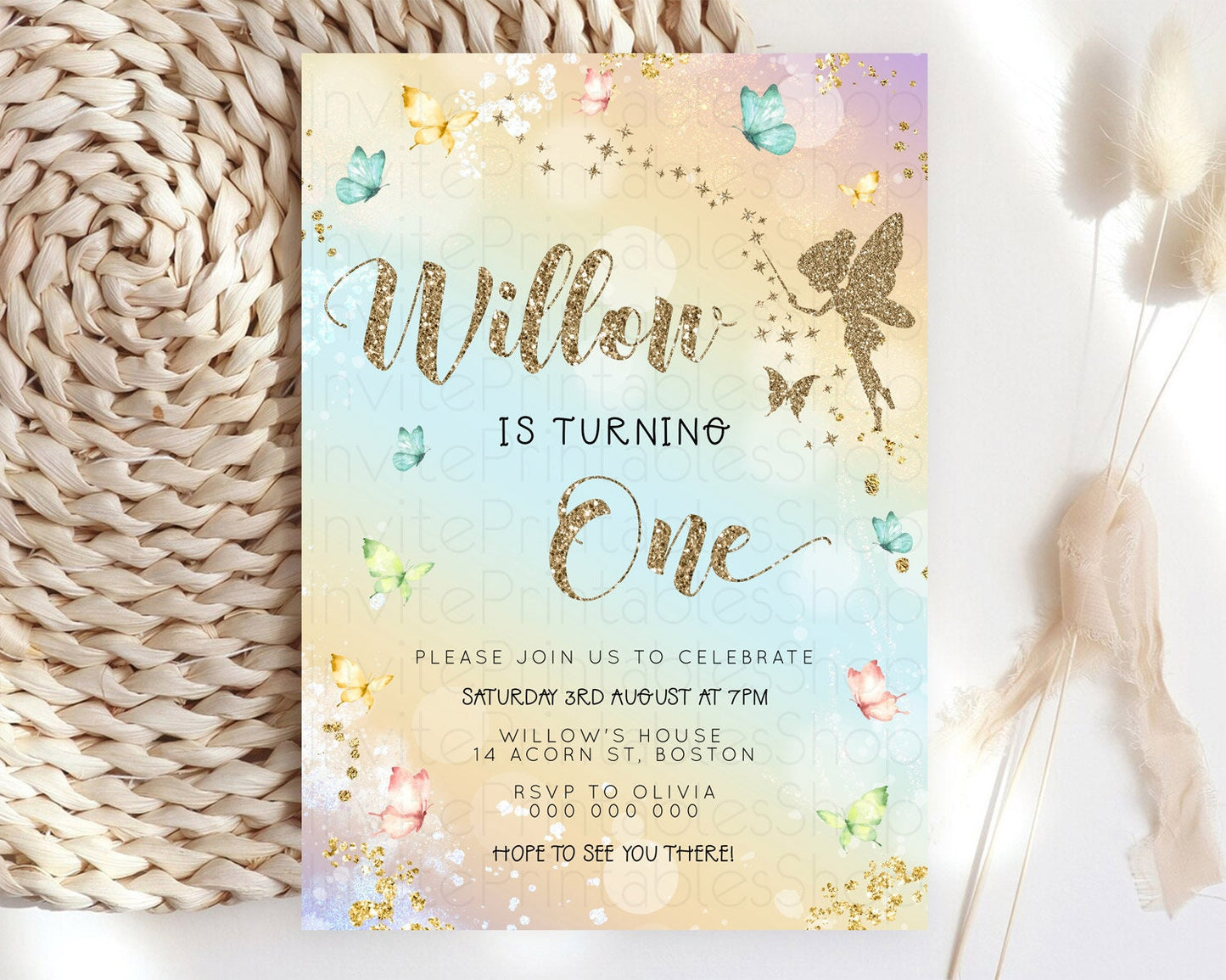 Pastel Fairy Birthday Invitation Pastel Butterflies Fairy Birthday Invitation Rainbow Ombre Watercolor 1st 2nd Birthday Invitation D23159