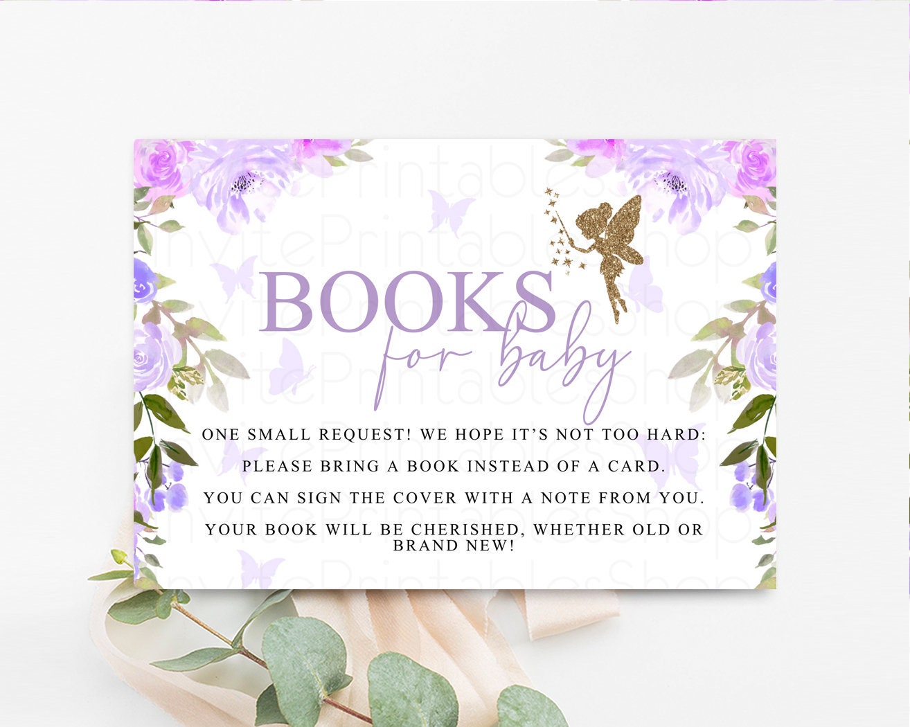 Fairy Floral Books for Baby Card Enchanted Garden Book Insert Glitter Gender Neutral Book Instead Card Pastel Colors Book Poem Request 47