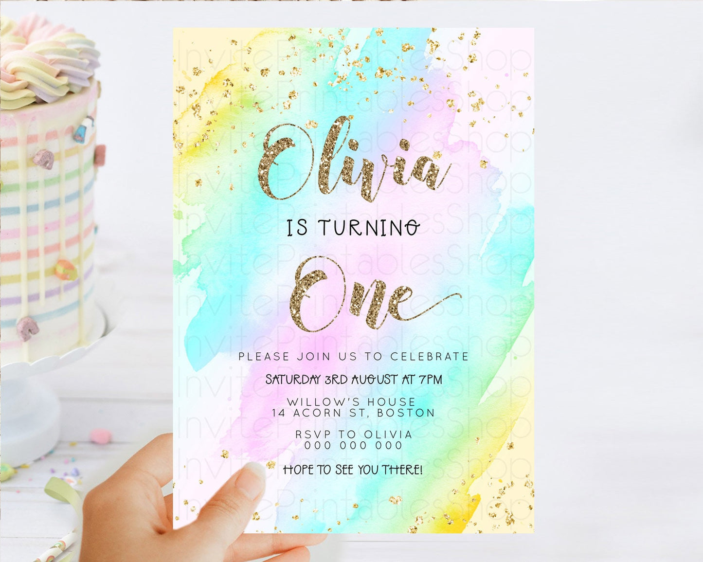 Rainbow Birthday Invitation Colorful Pastel Watercolor Invitation Gold Glitter Sprinkles Ombre Pastel 1st 2nd 3rd Birthday D23285