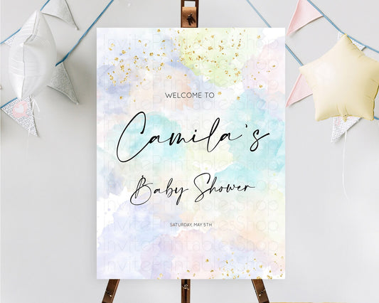 Pastel Baby Shower Welcome Sign Pastel Rainbow Welcome Sign Colorful Rainbow Confetti Watercolor Glitter Décor Pastel  Welcome Sign D10613