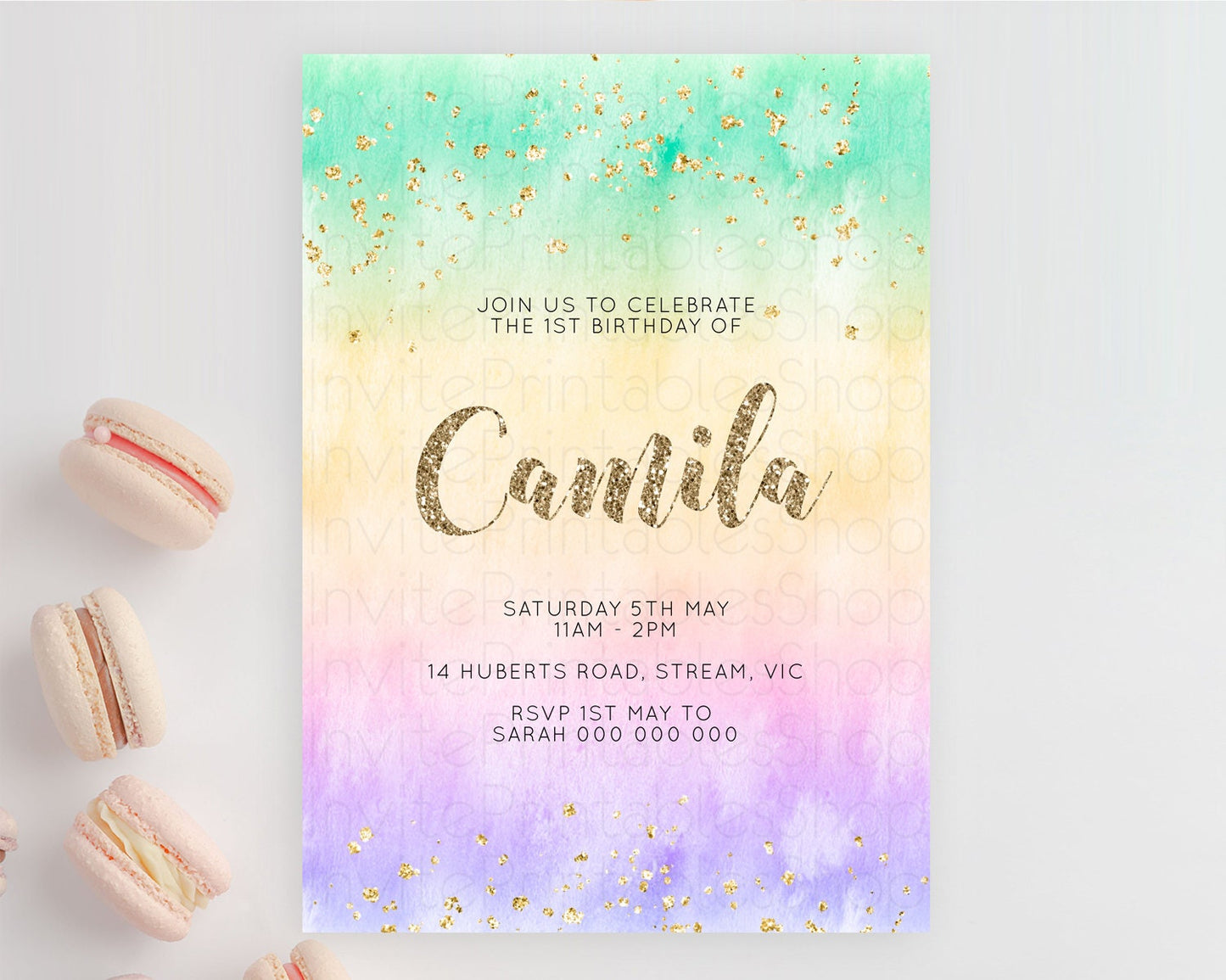 Rainbow Birthday Invitation Colorful Pastel Watercolor Invitation Gold Glitter Sprinkles Ombre Pastel 1st 2nd 3rd Birthday D10478