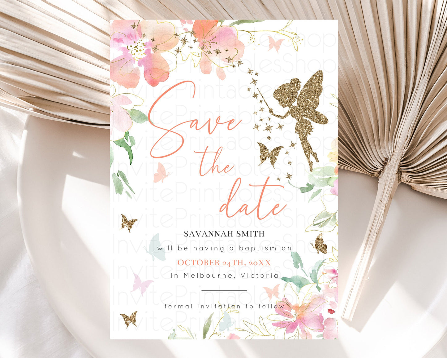 Fairy Save The Date Template Enchanted Garden Pastel Floral Butterfly Party Secret Garden Birthday Baptism Baby Shower Bridal Shower D10934