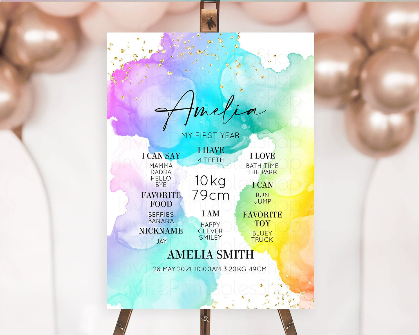 Pastel First Birthday Milestone Board Pastel Rainbow Milestone Poster Colorful Confetti Watercolor Glitter 1st Birthday Welcome Sign D10213