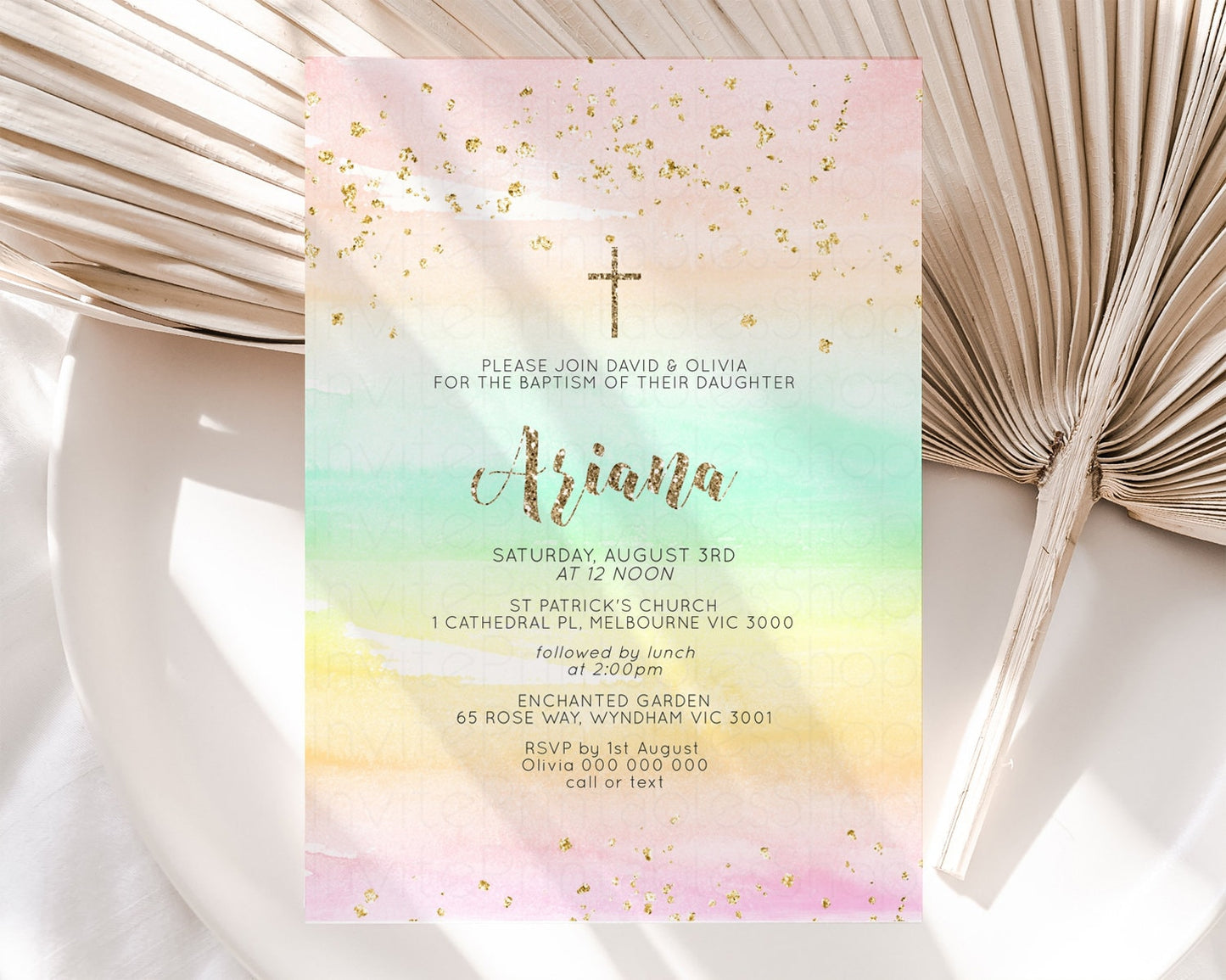 Rainbow Baptism invitation Pastel Orange Christening Invite Ombre Watercolor Invite Colors Yellow Pink Green Glitter Gold Cross Invite G581