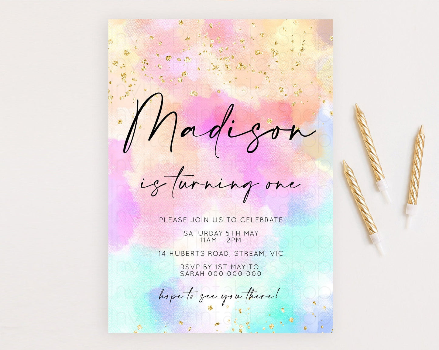 Rainbow Birthday Invitation Colorful Pastel Watercolor Invitation Gold Glitter Sprinkles Ombre Pastel 1st 2nd 3rd Birthday D10667