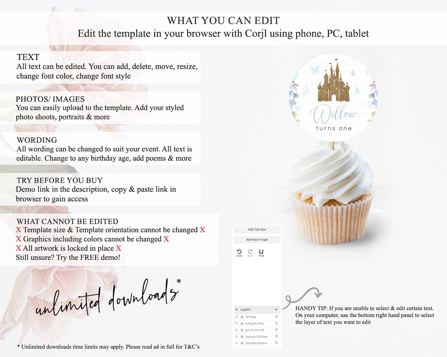 Princess Cupcake Toppers Castle Cupcake Toppers Royal Princess Decor Fairy Tale Enchanted Castle Pastel Floral Garden Table Number D10932