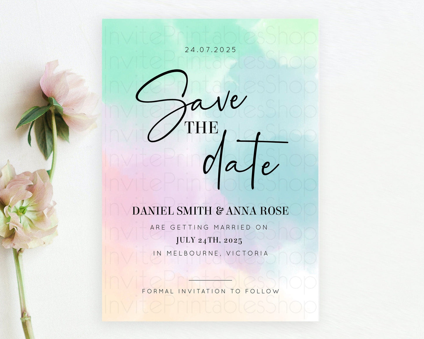 Pastel Save The Date Template Pastel Ombre Rainbow Watercolor Colorful Party For Birthday Baptism Baby Shower Wedding Bridal Shower D10375