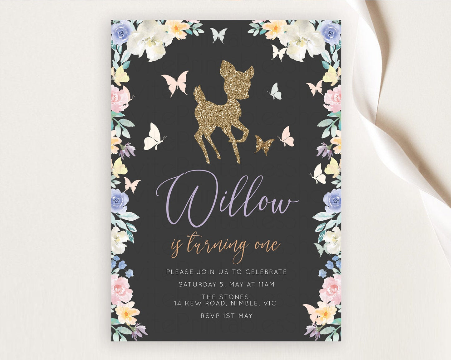 Fawn Birthday Invitation Deer Birthday Invitation Enchanted Forest Party Butterfly Pastel Flowers Whimsical 2nd 1st First Birthday D10323