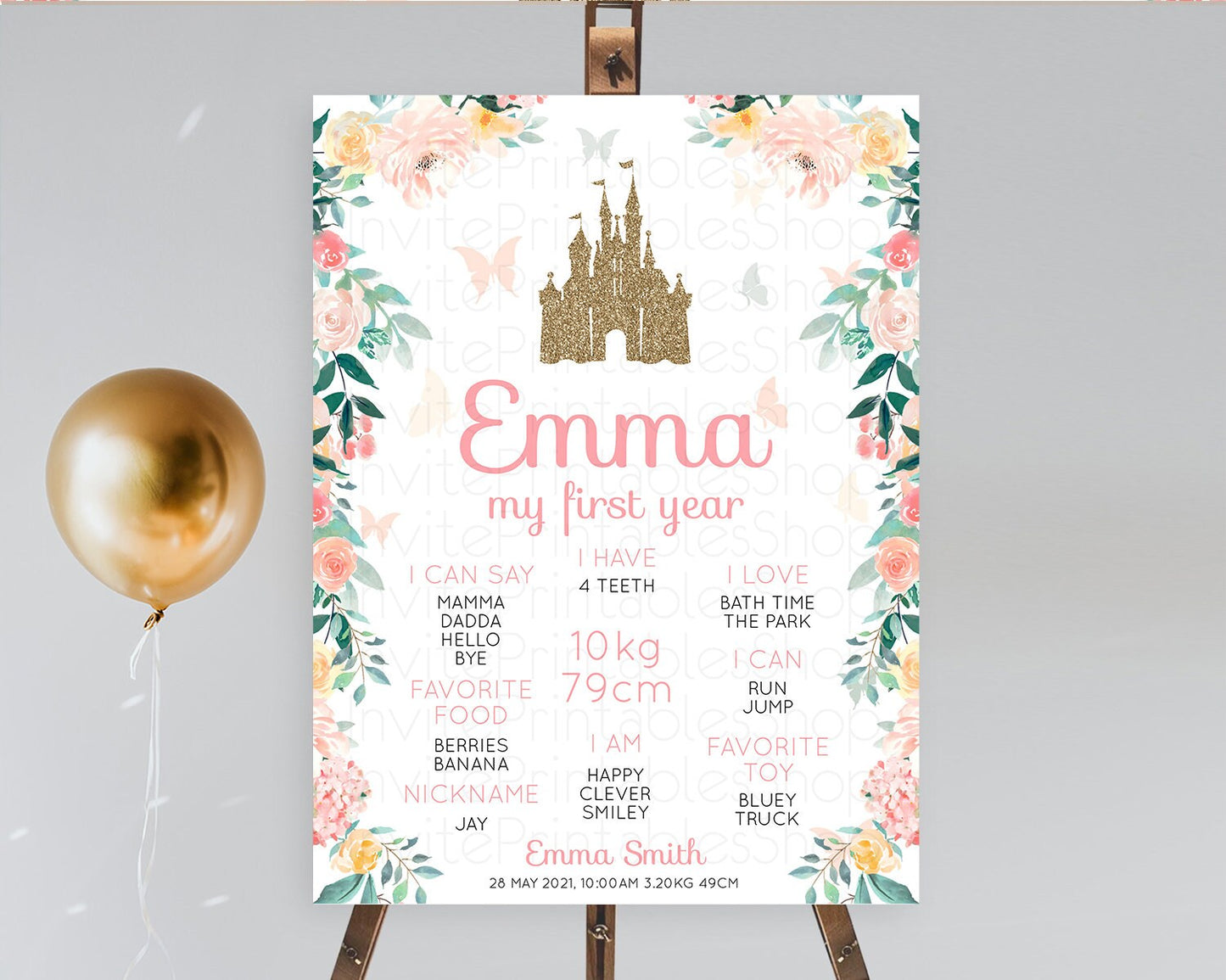 Princess First Birthday Milestone Poster Castle Milestone Board Secret Garden Enchanted Castle Pastel Floral Garden First Birthday D10429