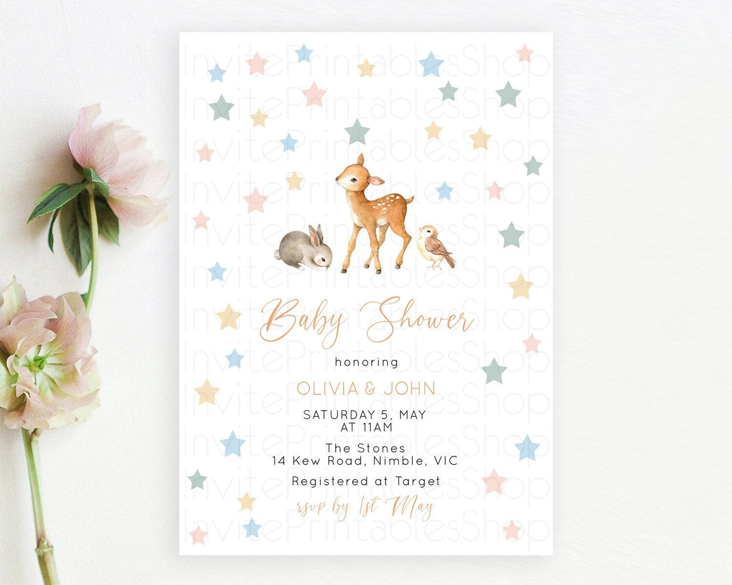 Fawn Baby Shower Invitation, : Baby Deer, Bunny, and Forest Animals with Pastel Blue Green Confetti Stars - Whimsical Woodland Theme D10918