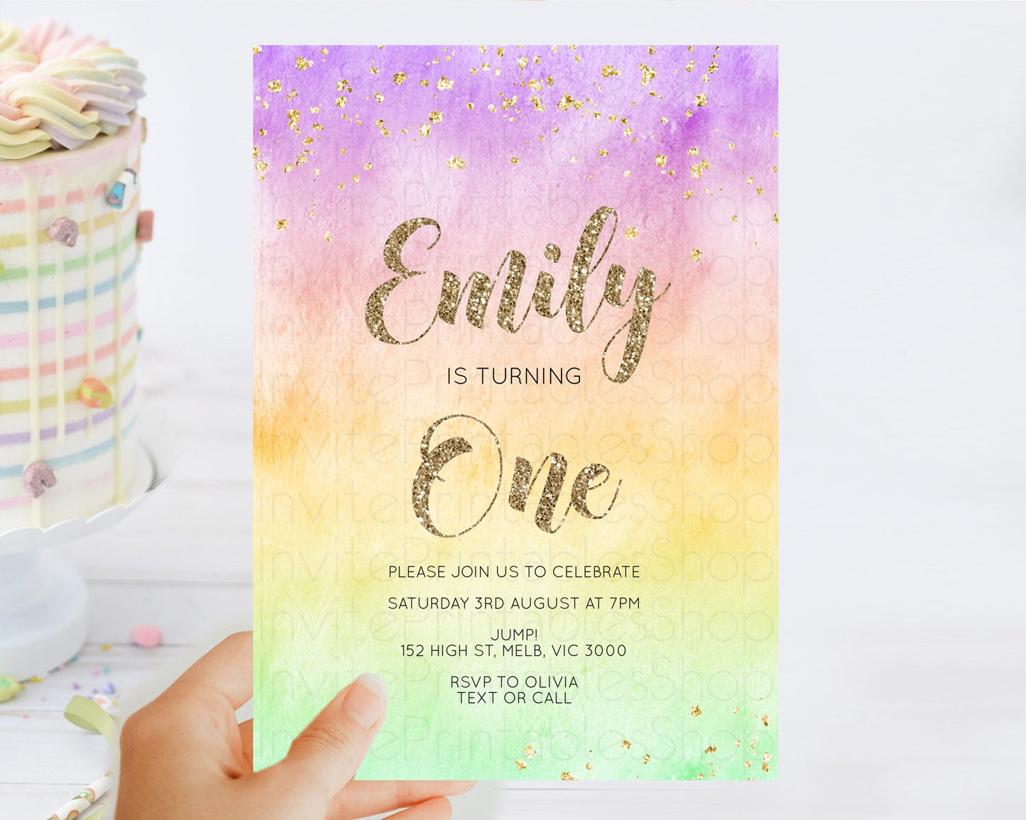 Rainbow Birthday Invitation Colorful Pastel Watercolor Invitation Gold Glitter Sprinkles Ombre Pastel 1st 2nd 3rd Birthday D10512