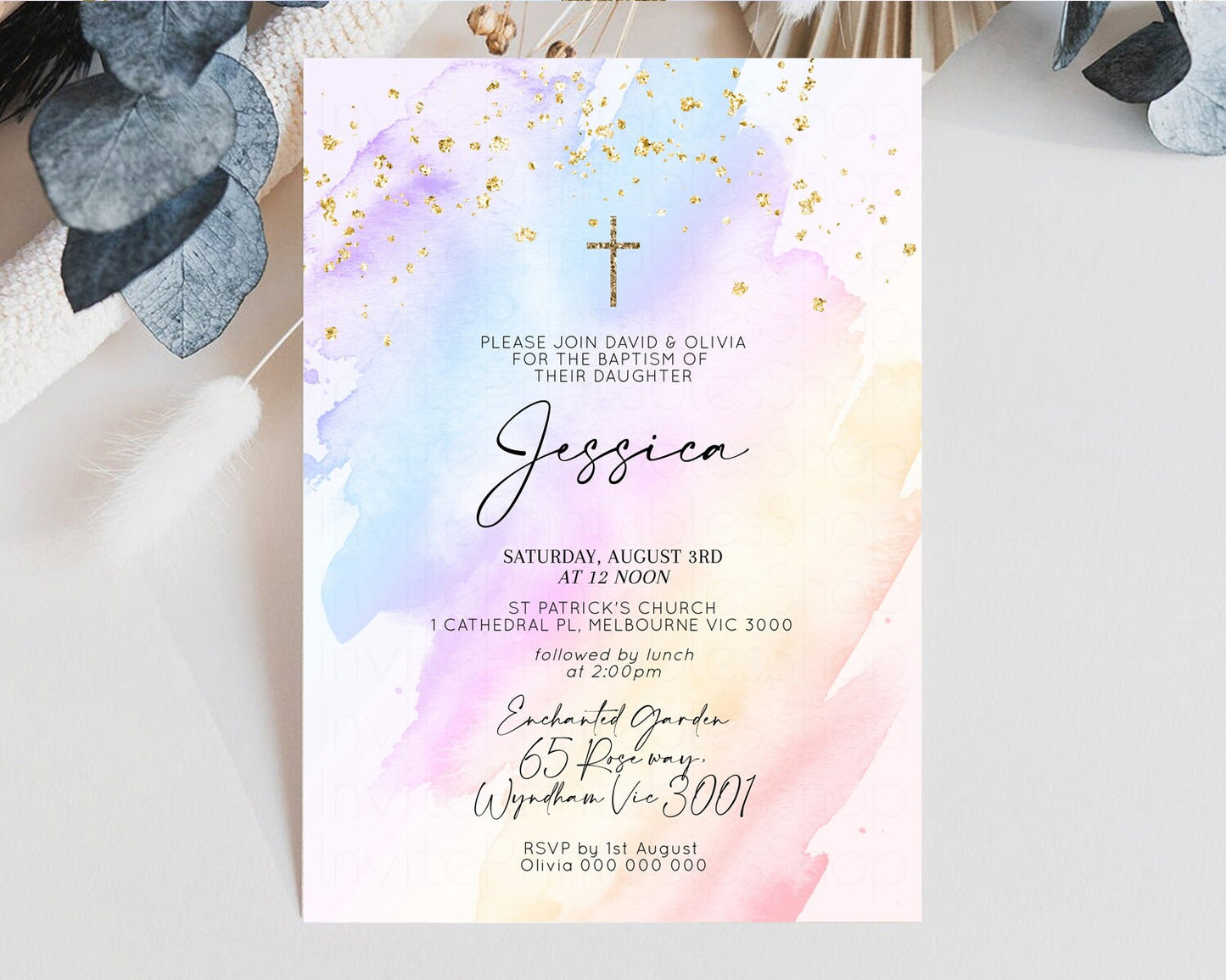 Rainbow Baptism Invitation Pastel Christening Invitation Holy Communion Invitation Glitter Watercolor Splash Invitation Colorful Invite t600