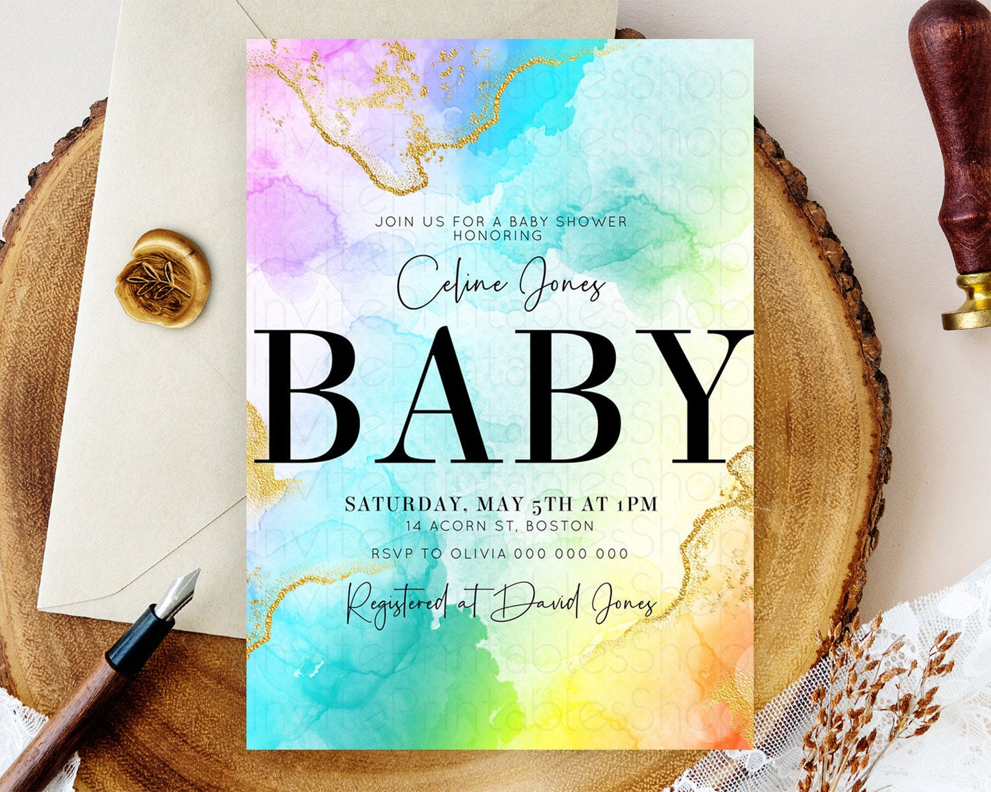 Pastel Baby Shower Invitation Rainbow Baby Shower Invitation Colorful Pastel Watercolor Invitation Gold Glitter Sprinkles Ombre D10393