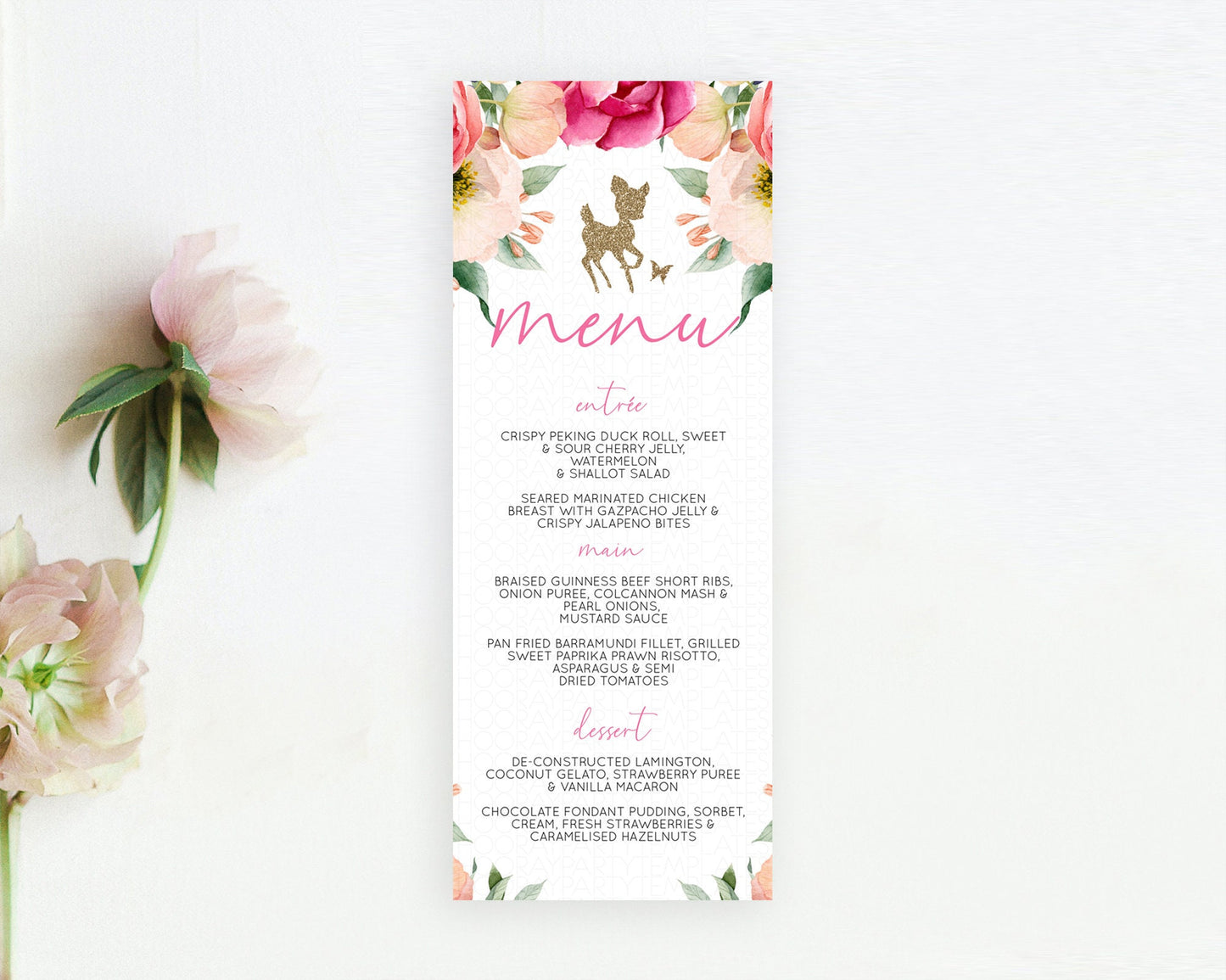 Fawn Menu Deer Menu Template Pastel Floral Deer Table Decor Enchanted Forest Butterfly Floral Dinner Dessert Menu Party Food Menu D10326