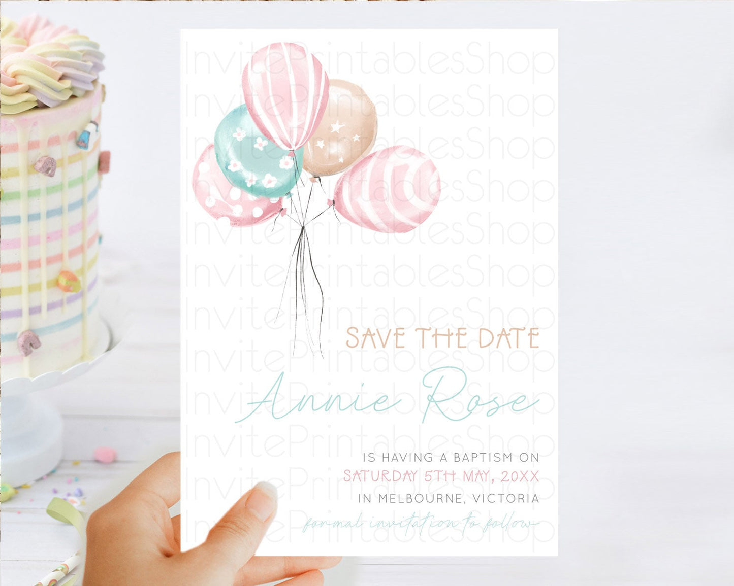 Editable Pastel Balloons Save The Date Rainbow Confetti Balloon Party Colorf