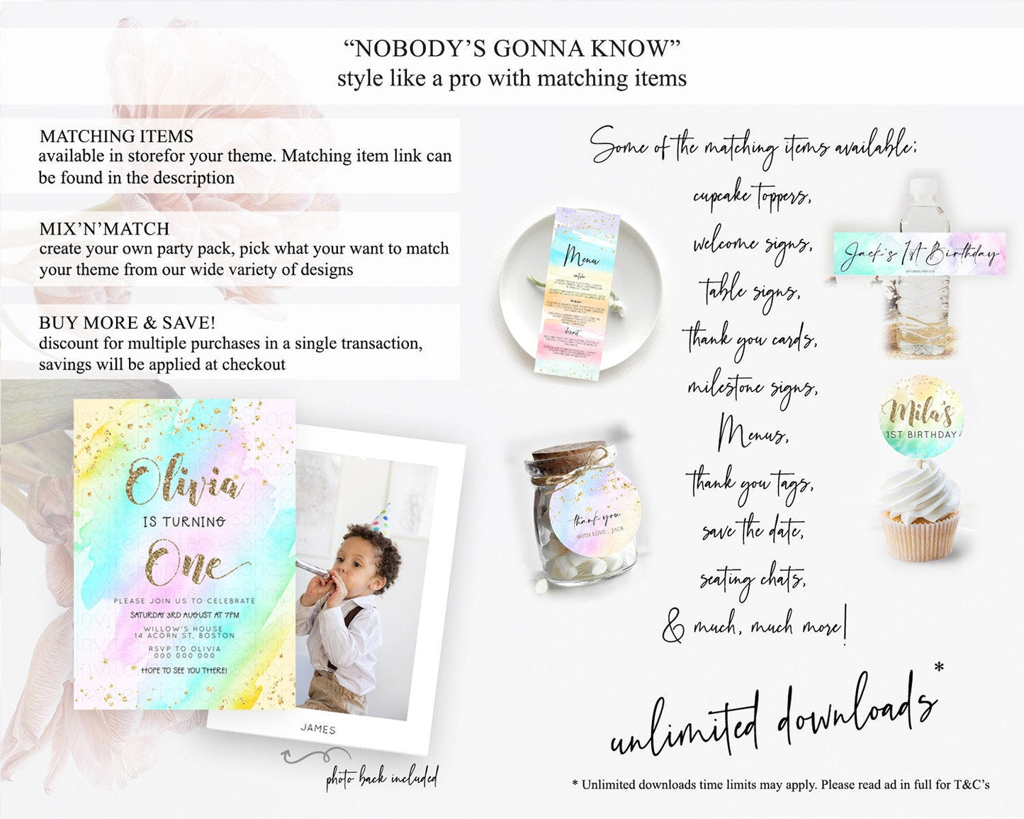 Rainbow Birthday Invitation Colorful Pastel Watercolor Invitation Gold Glitter Sprinkles Ombre Pastel 1st 2nd 3rd Birthday D23285