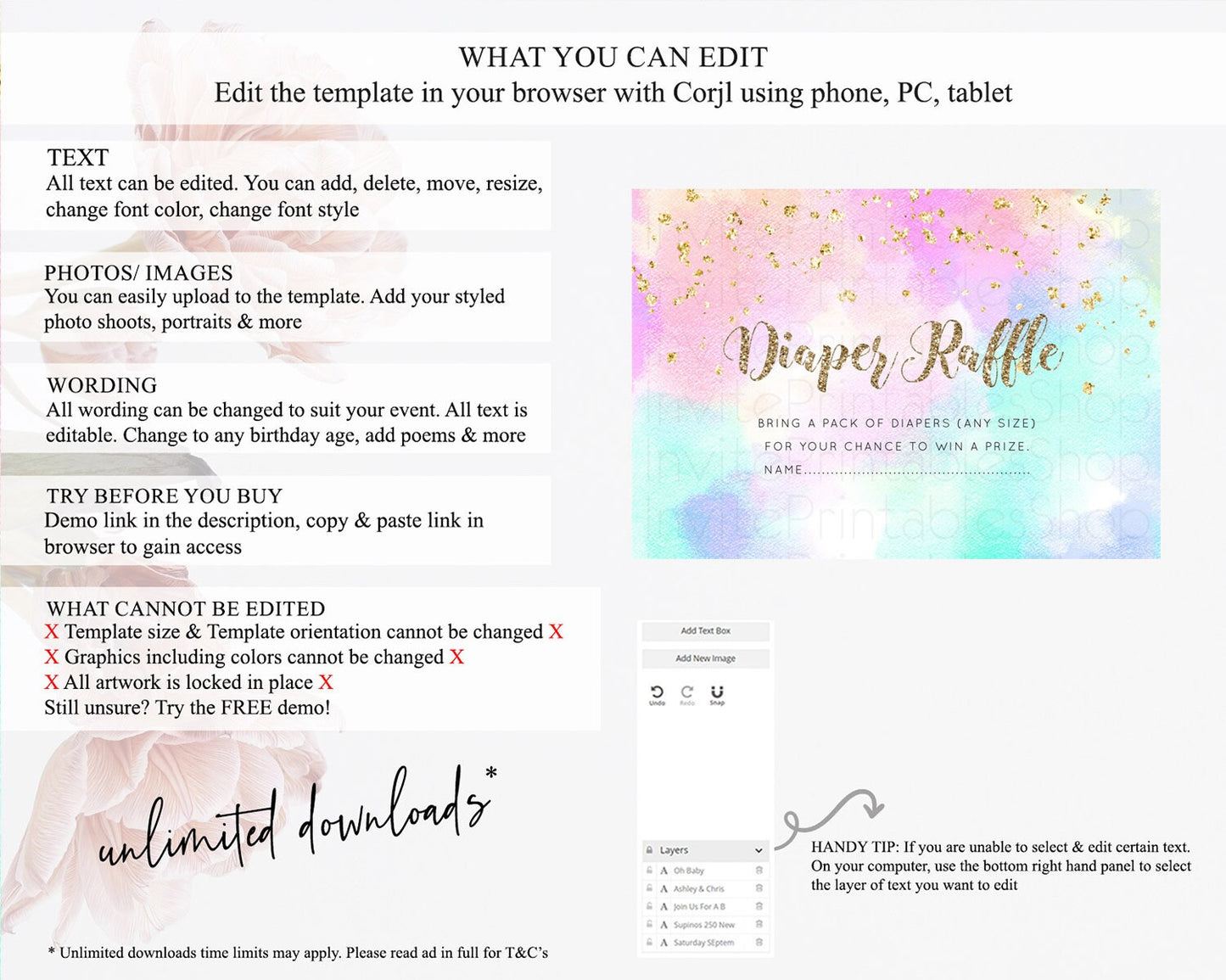 Pastel Diaper Raffle Card Pastel Rainbow Diaper Raffle Insert Colorful Ombre Watercolor Diaper Ticket Confetti Glitter Raffle Game D10669