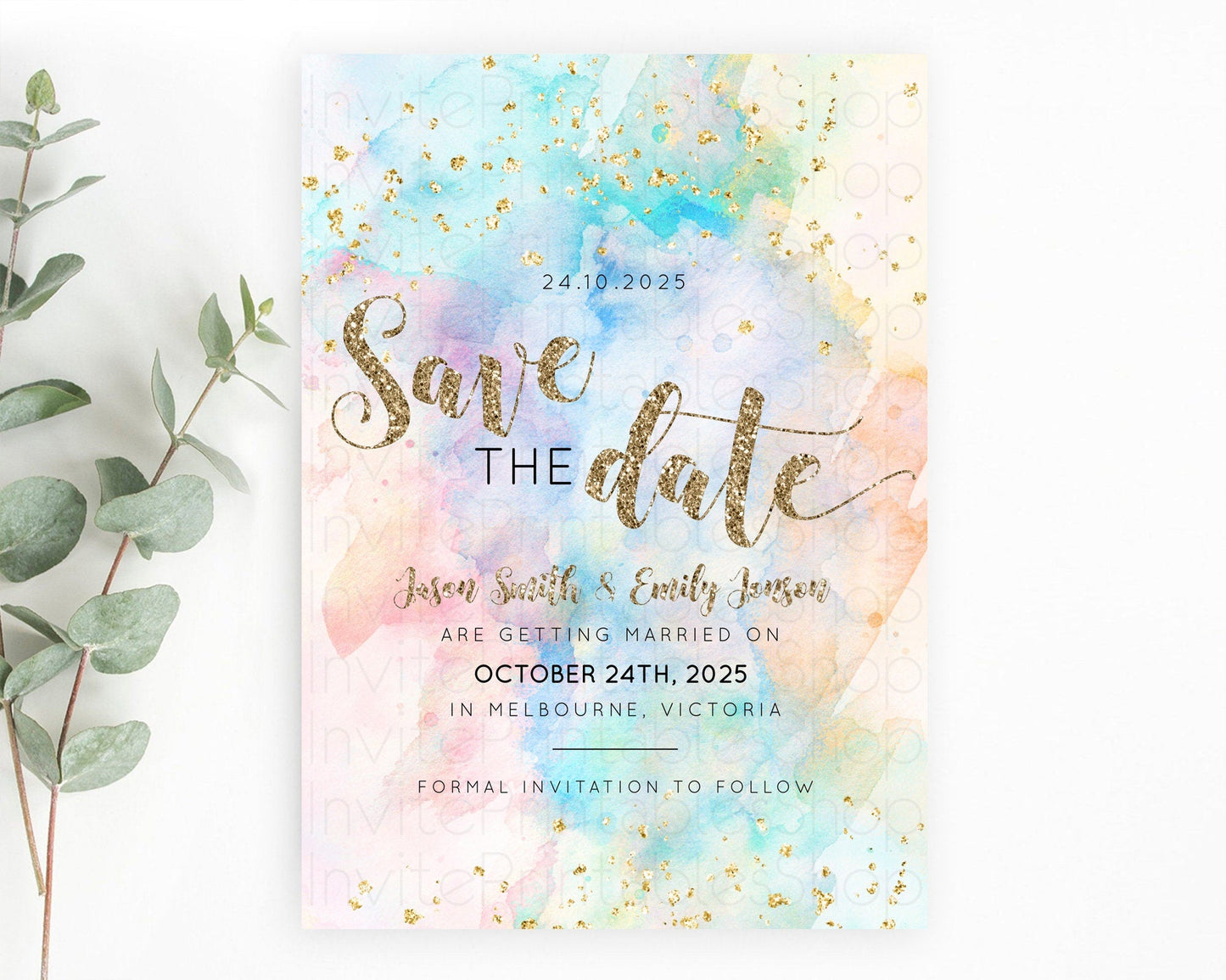 Pastel Save The Date Template Pastel Ombre Rainbow Watercolor Colorful Party For Birthday Baptism Baby Shower Wedding Bridal Shower D10261