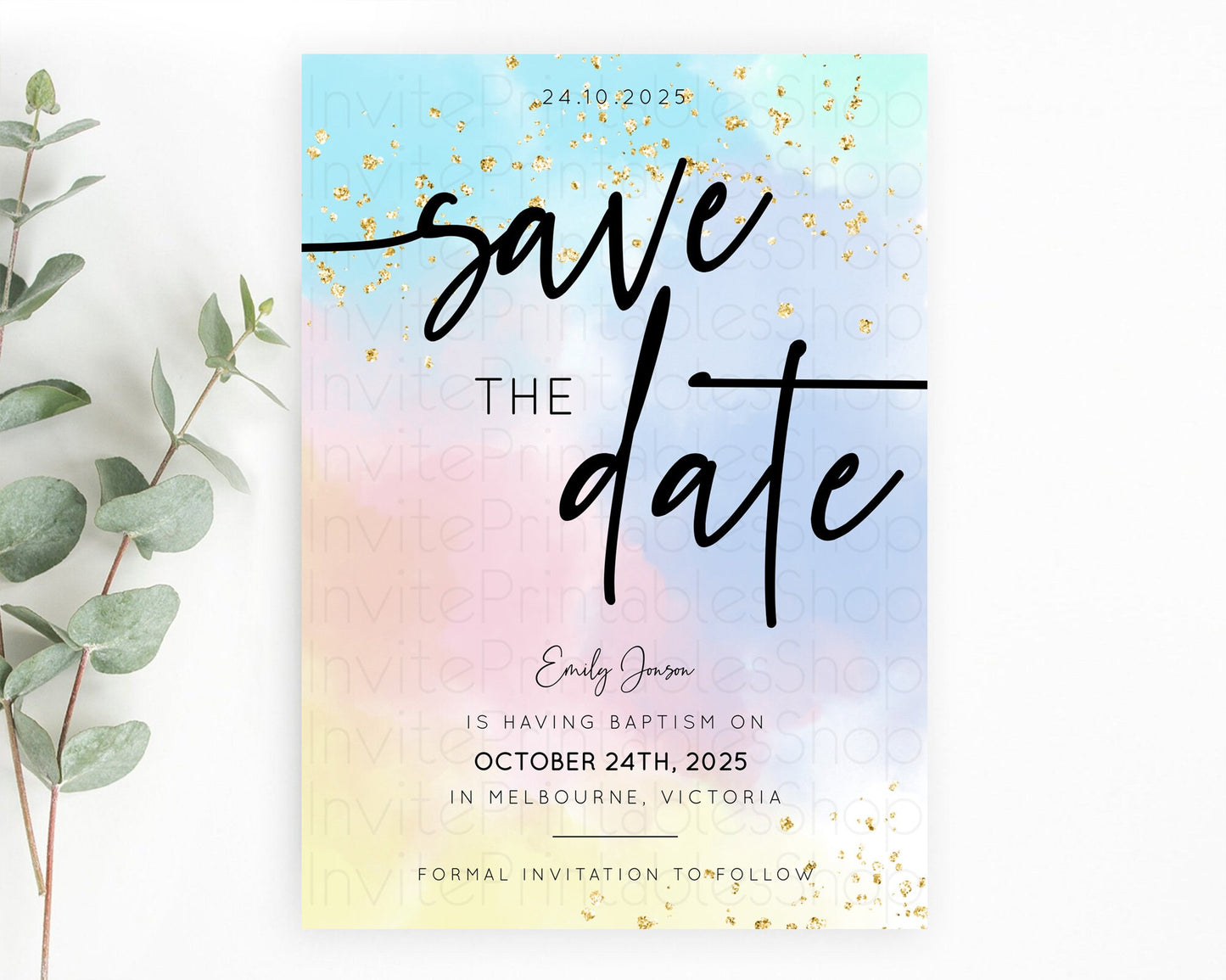 Pastel Save The Date Template Pastel Ombre Rainbow Watercolor Colorful Party For Birthday Baptism Baby Shower Wedding Bridal Shower D10368