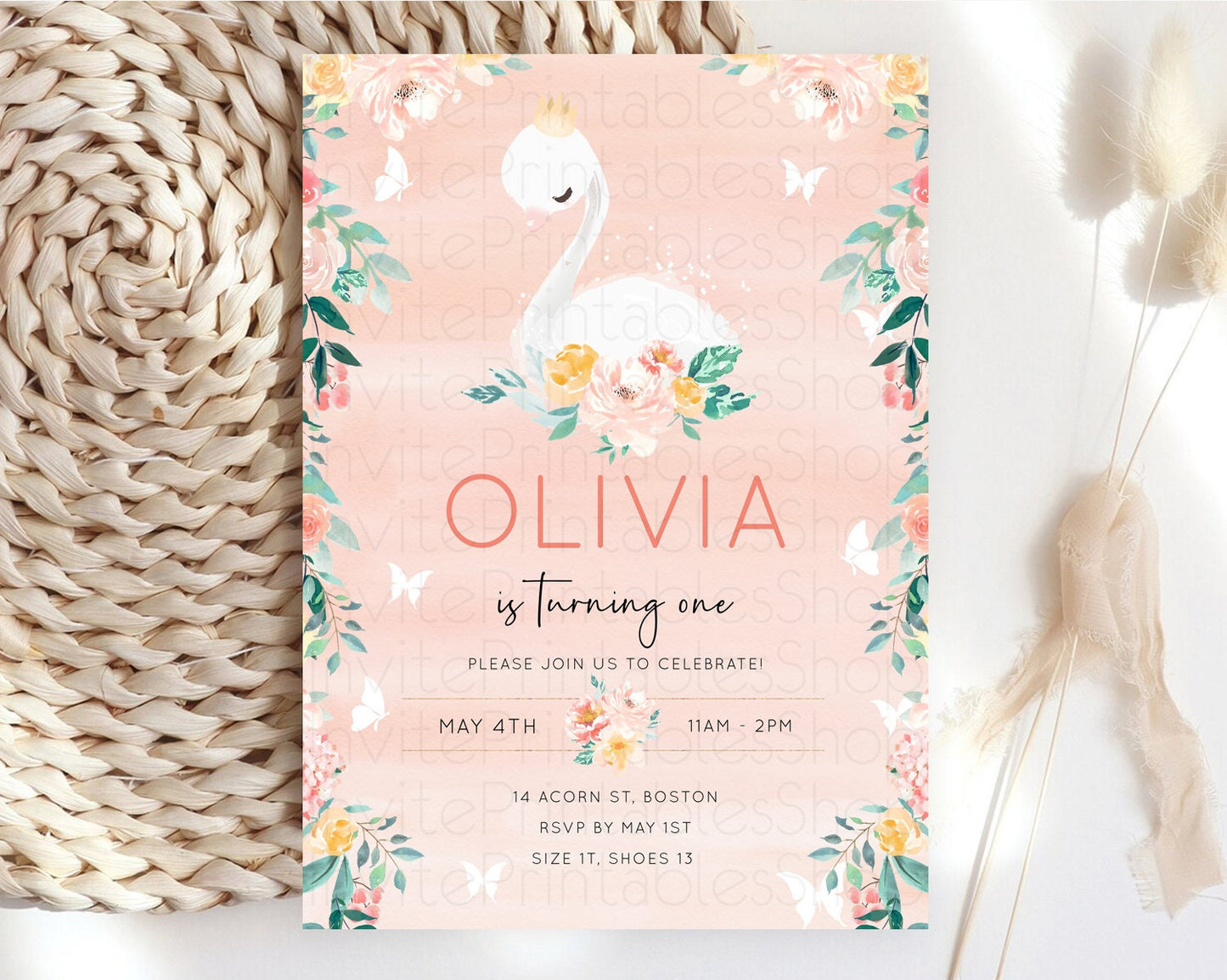 Swan Birthday Invitation Swan Princess Ballet Invitation Enchanted Forest Swan Lake Party Secret Garden Watercolour Pastel Floral D10884