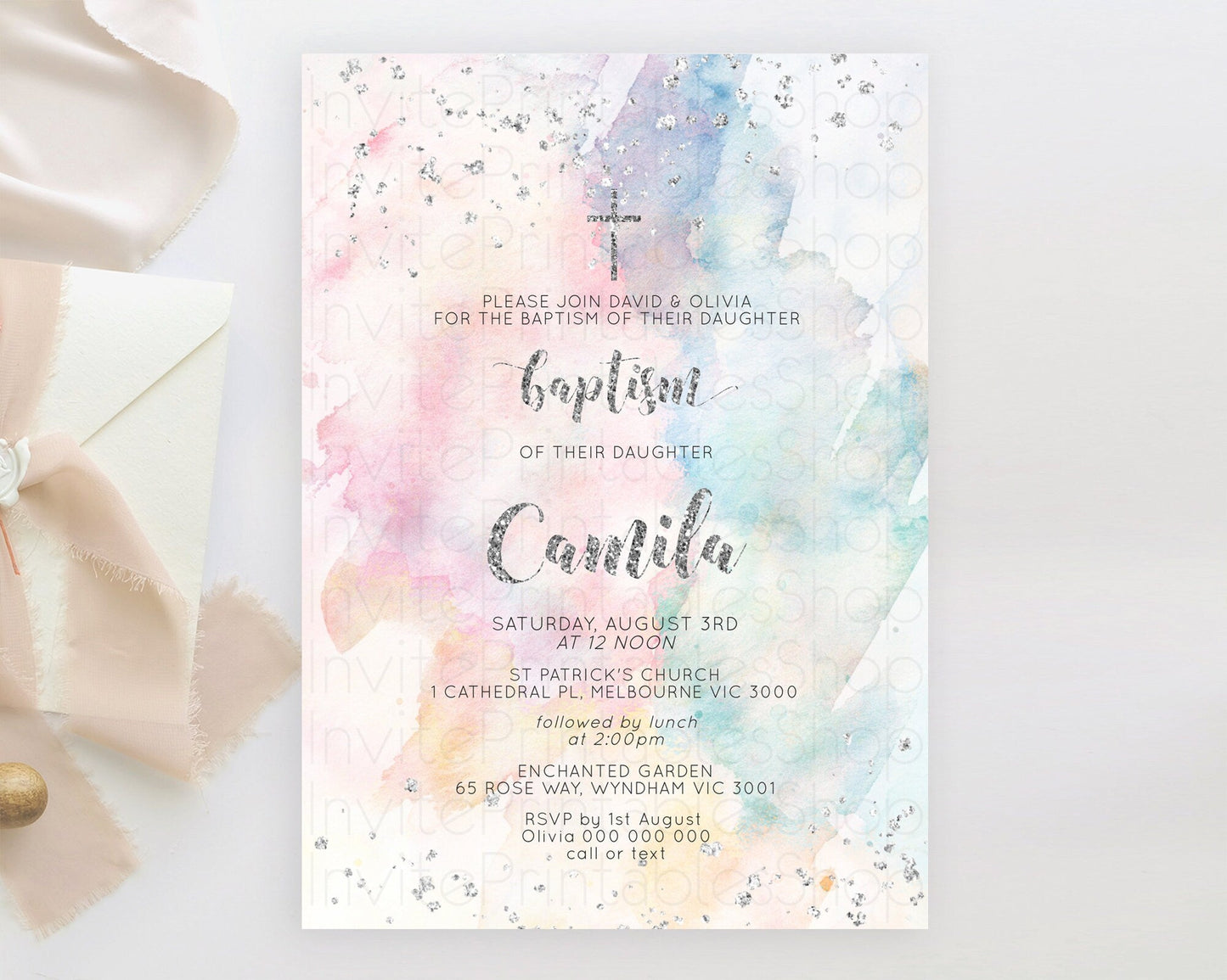 Rainbow Baptism Invitation Colorful Pastel Watercolor Baptism 1st Birthday Invitation Silver Glitter Ombre Christening Invitation D10944