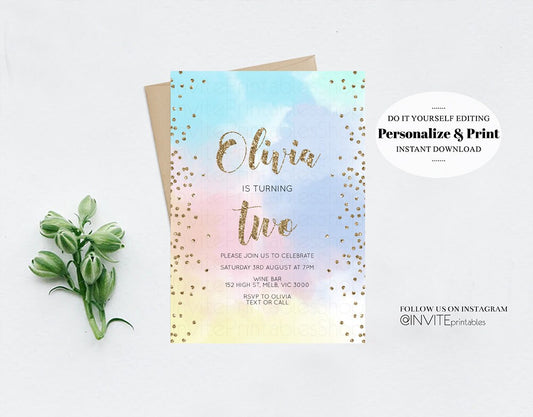 Rainbow Birthday Invitation Ombre Pastel Invitation Colorful Watercolor Splash Invite Gold Glitter Sprinkles 1st 2nd 3rd