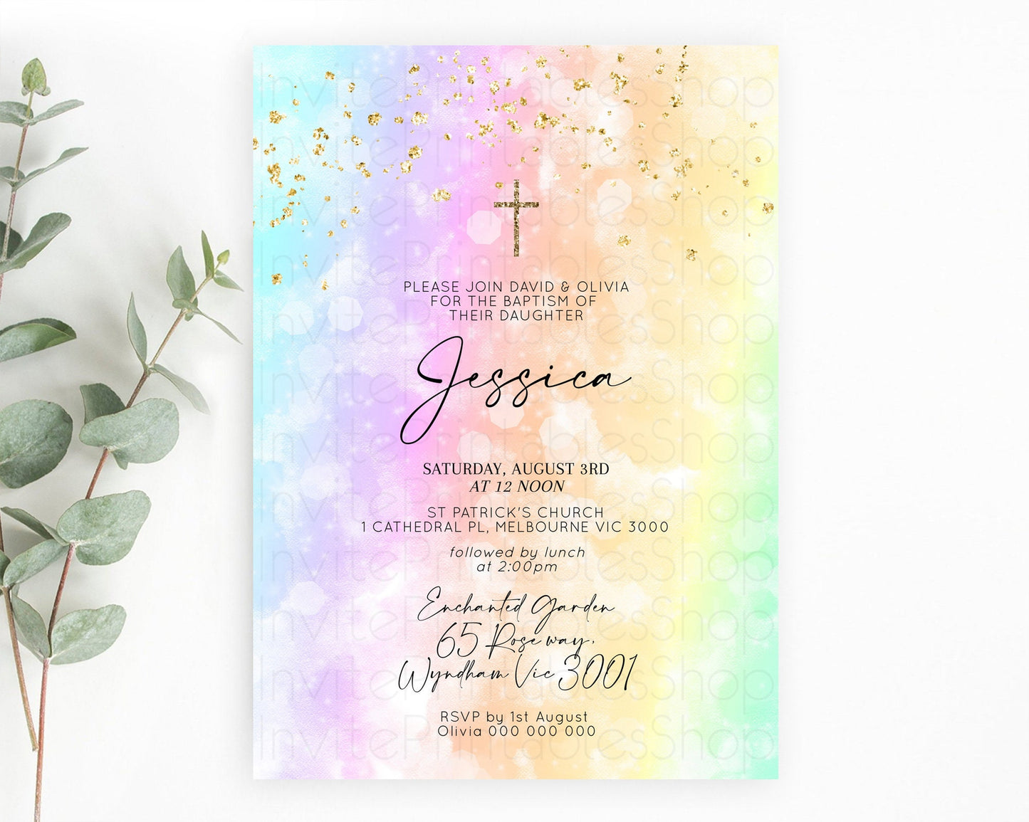 Pastel Baptism Invitation Pastel Colors Watercolor Baptism 1st Birthday Party Gold Ombre Pastel Rainbow Christening Holy Communion D10647