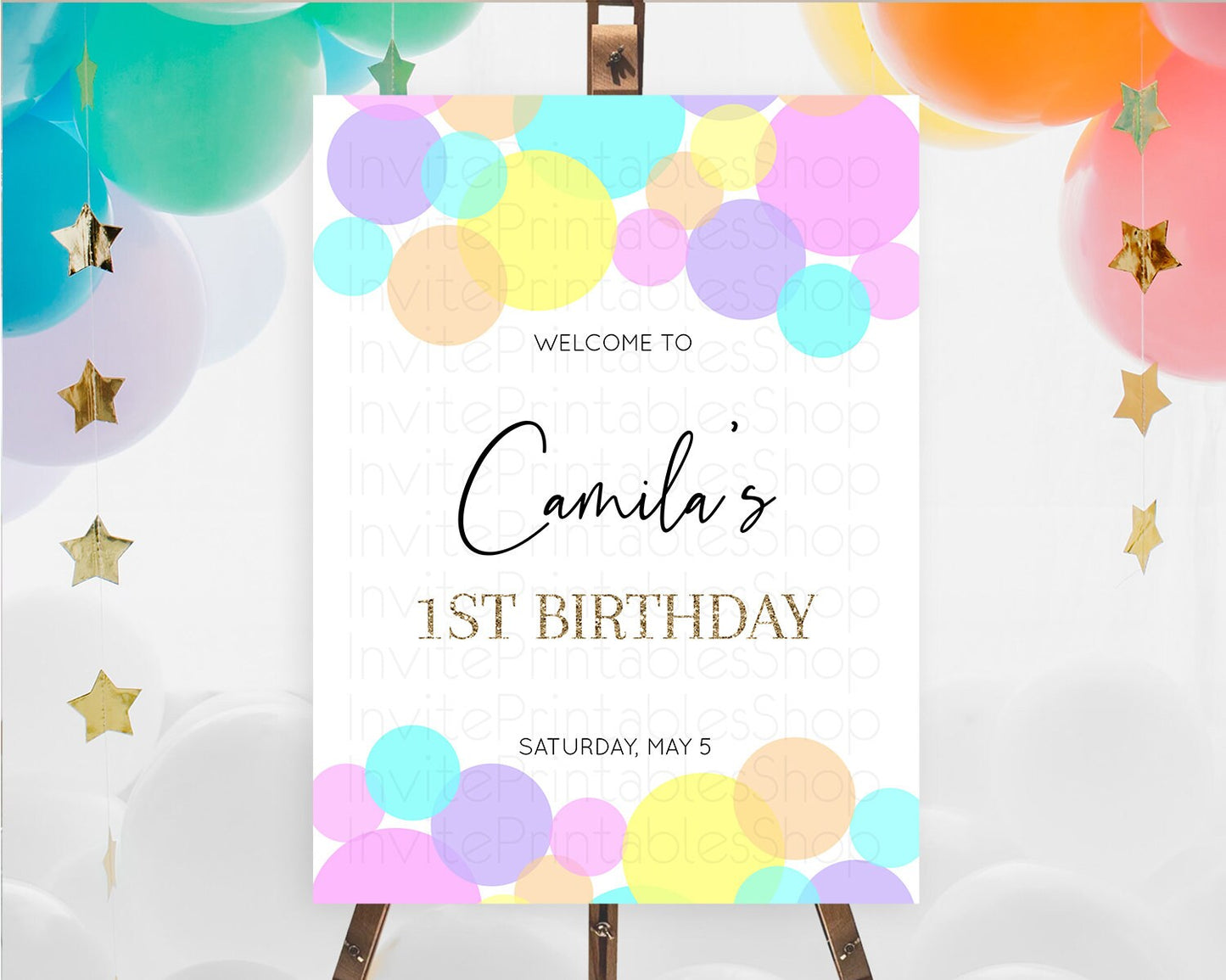 Rainbow Welcome Sign Pastel Welcome Board Pastel Rainbow Confetti Welcome Sign Colorful Bubbles Pastel First Birthday Welcome Sign D10407