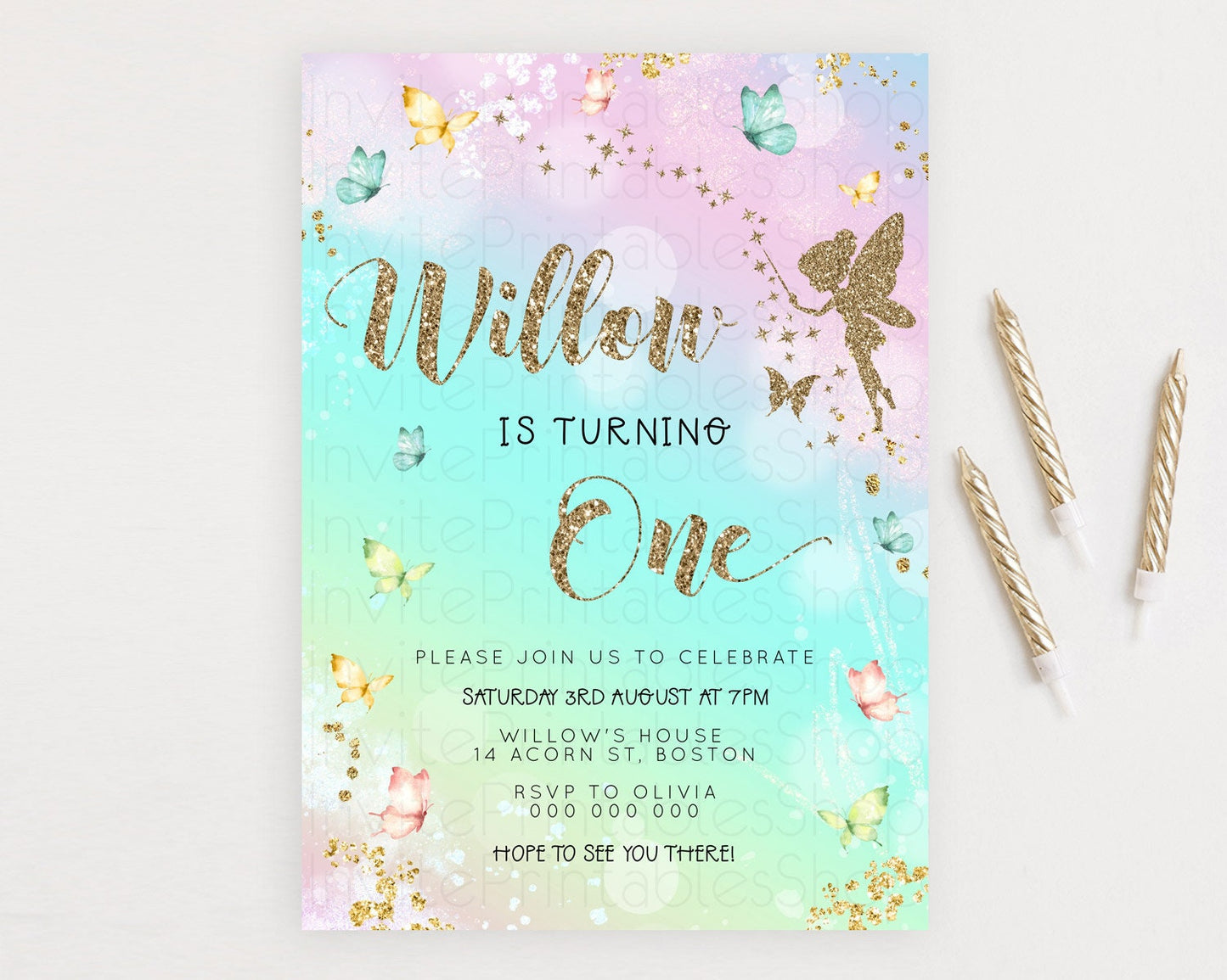 Pastel Fairy Birthday Invitation Pastel Butterflies Fairy Birthday Invitation Rainbow Ombre Watercolor 1st 2nd Birthday Invitation D23151