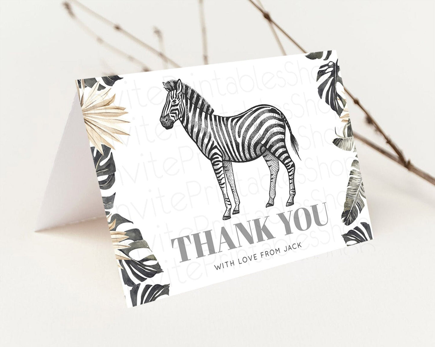 Zebra Thank You Zebra Thank You Card Zebra Birthday Thank You Cards Safari Dried Palm Fern Zebra Teacher Thank You Card Template D10824