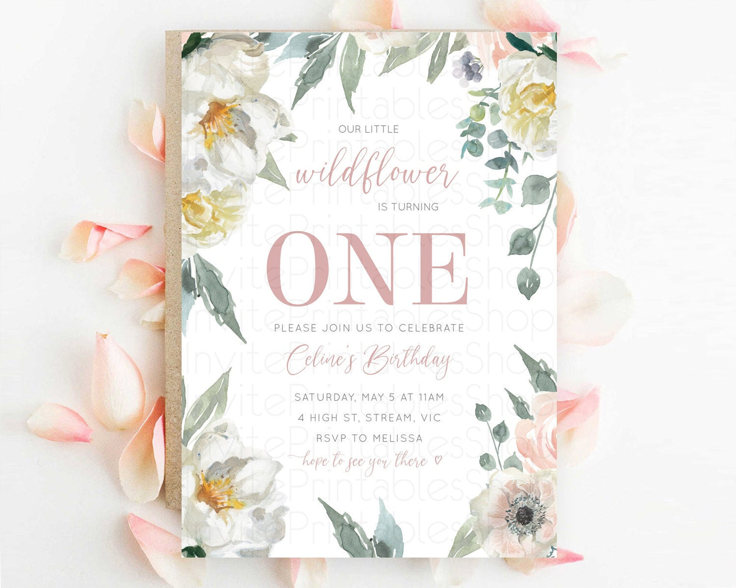 Secret Garden Invitation Wildflower Birthday Invite Pastel White Flowers Invite Enchanted Garden Boho Floral 3rd 2nd First Birthday D10121