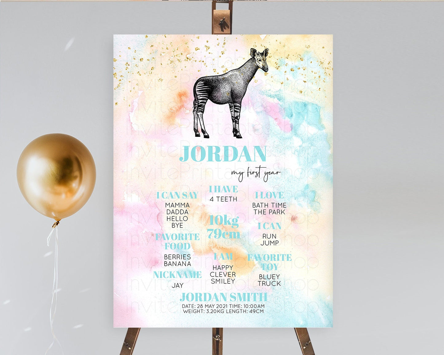 Pastel Okapi First Birthday Milestone Board Okapi Milestone Poster Colorful Rainbow Pastel Watercolor Okapi 1st Birthday Sign D10282