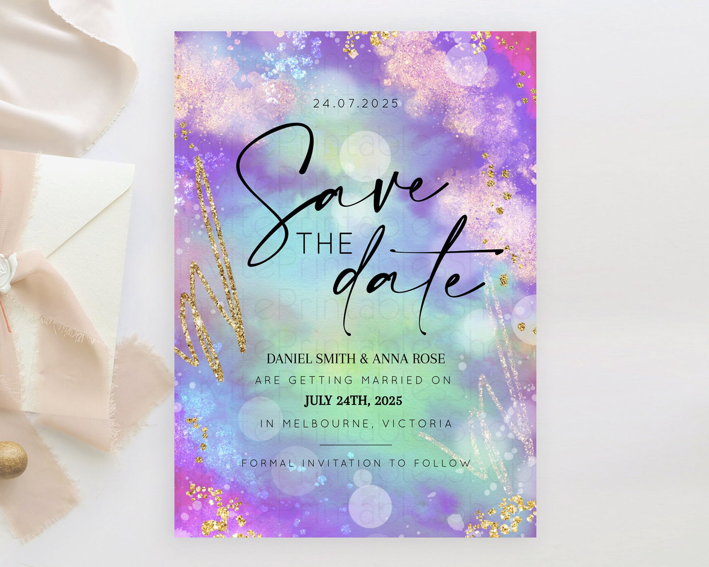 Pastel Save The Date Template Pastel Ombre Rainbow Watercolor Colorful Party For Birthday Baptism Baby Shower Wedding Bridal Shower D10680