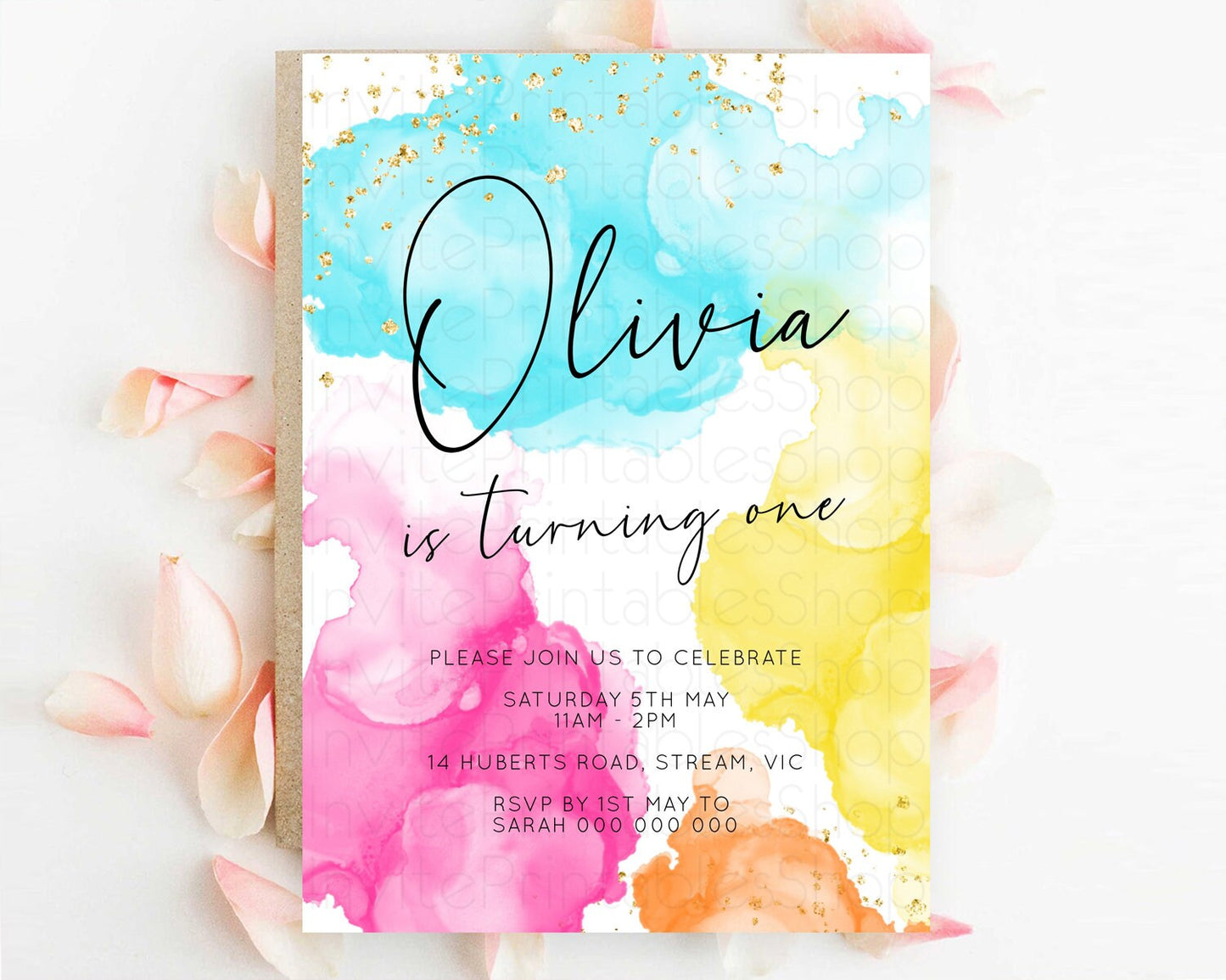 Rainbow Birthday Invitation Colorful Pastel Watercolor Invitation Gold Glitter Sprinkles Ombre Pastel 1st 2nd 3rd Birthday D10898