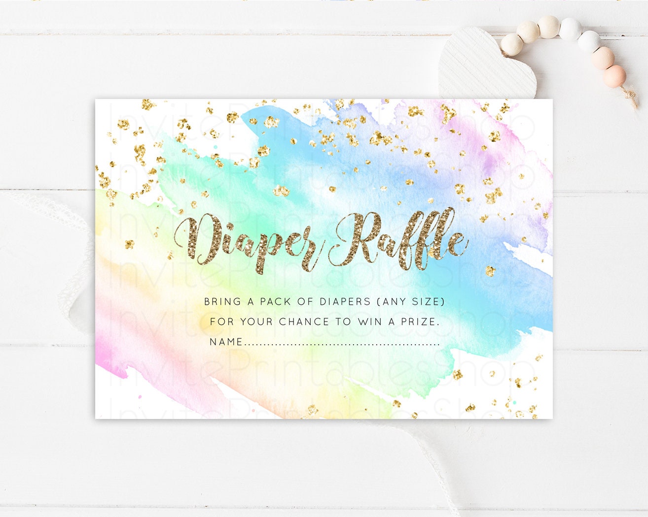 Rainbow Diaper Raffle Insert Baby Shower Diaper Game Ticket Card Watercolor Splash Colorful Pastel Glitter Confetti Sprinkles Neutral g601