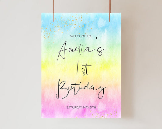 Rainbow Welcome Board Watercolor Pastel Welcome Sign Colorful Glitter Poster 1st Birthday Poster Baby Shower Sign Bridal Shower Sign