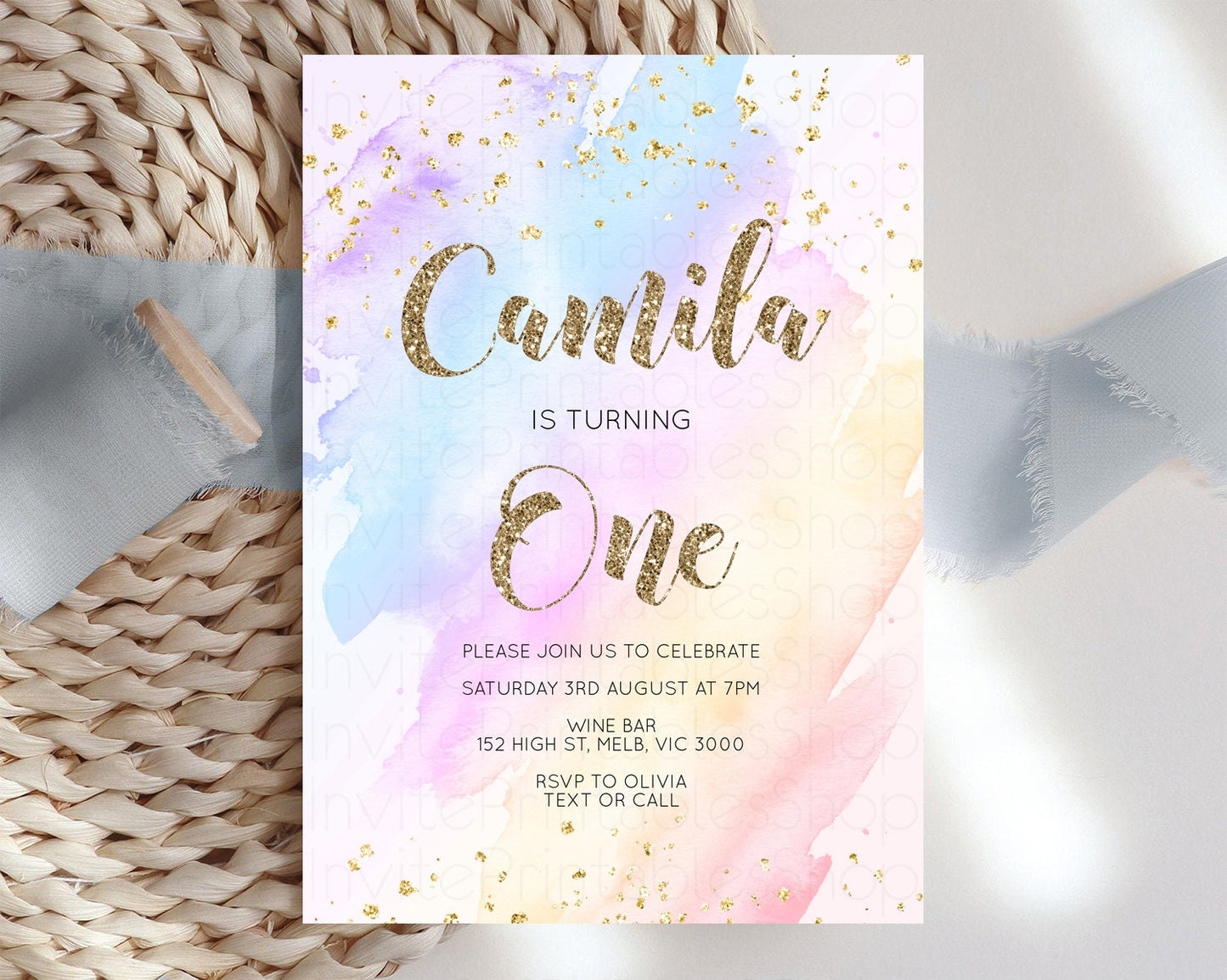 Rainbow Birthday Invitation Glitter Pastel Invitation Colorful Watercolor Gold Foil Splatter Sprinkle Ombre 1st 2nd 3rd Birthday Invite g600