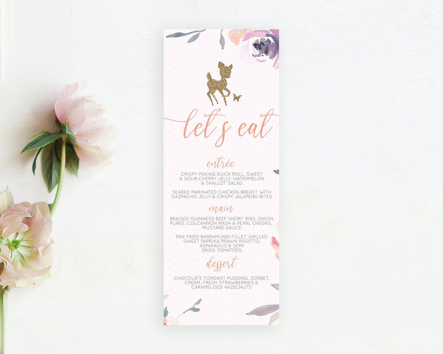 Fawn Menu Deer Menu Template Pastel Floral Deer Table Decor Enchanted Forest Butterfly Floral Dinner Dessert Menu Party Food Menu D10196