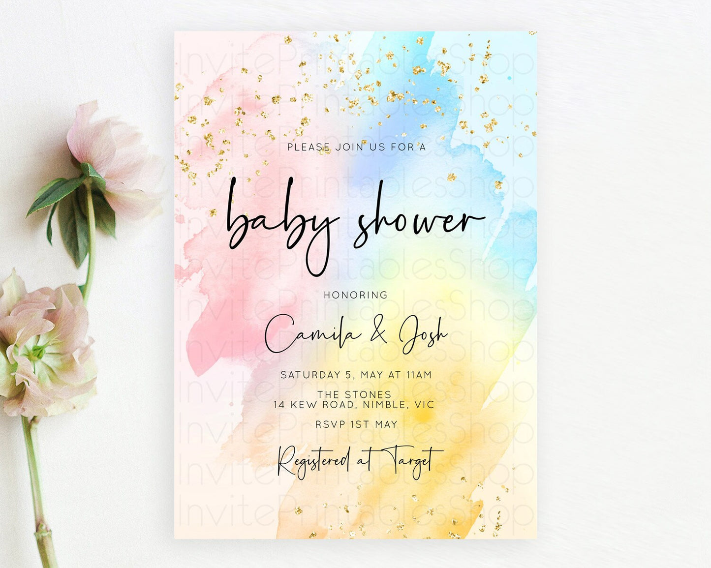 Pastel Baby Shower Invitation Rainbow Baby Shower Invitation Colorful Pastel Watercolor Invitation Gold Glitter Sprinkles Ombre D10557