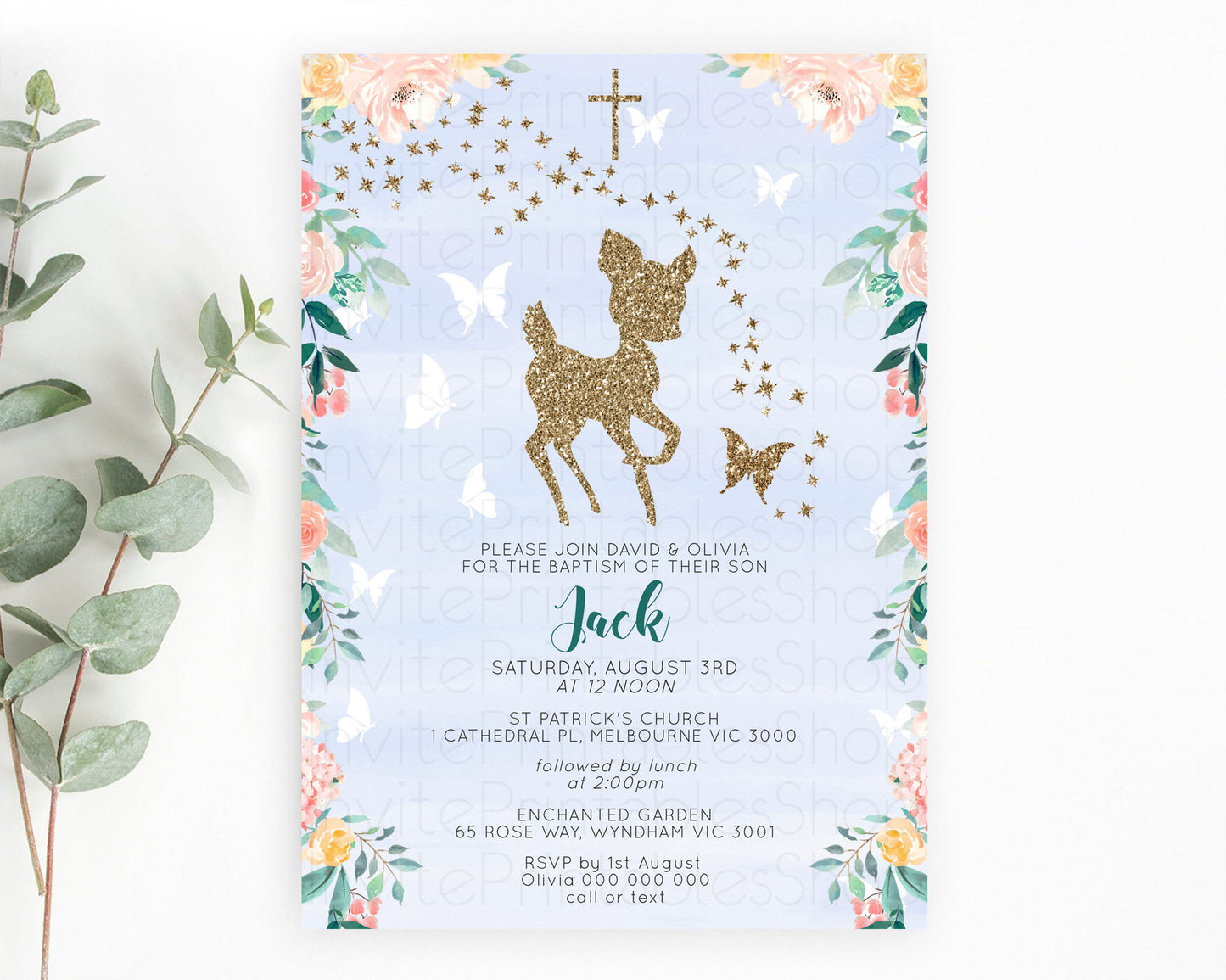 Fawn Baptism Invitation Deer Baptism 1st Birthday Invitation Enchanted Forest Christening Invitation Pastel Garden Butterfly Floral D10875