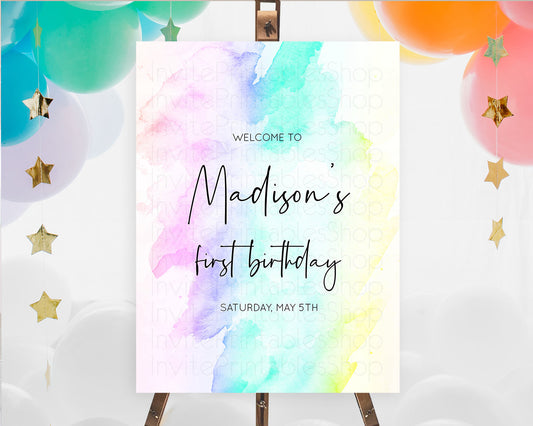 Pastel Welcome Sign Pastel Rainbow Welcome Sign Colorful Rainbow Confetti Watercolor Glitter Pastel First Birthday Welcome Sign D10231