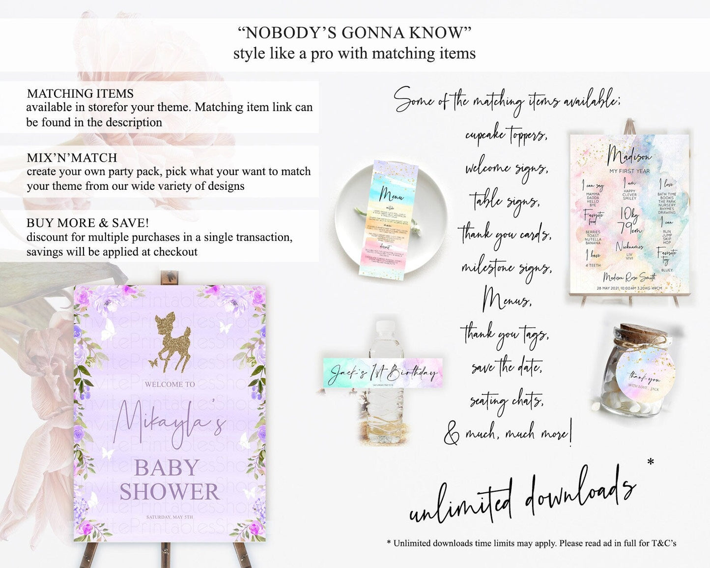 Fawn Baby Shower Welcome Sign Deer Welcome Board Floral Deer Welcome Poster Enchanted Forest Butterfly Pastel Floral Welcome Sign D10963