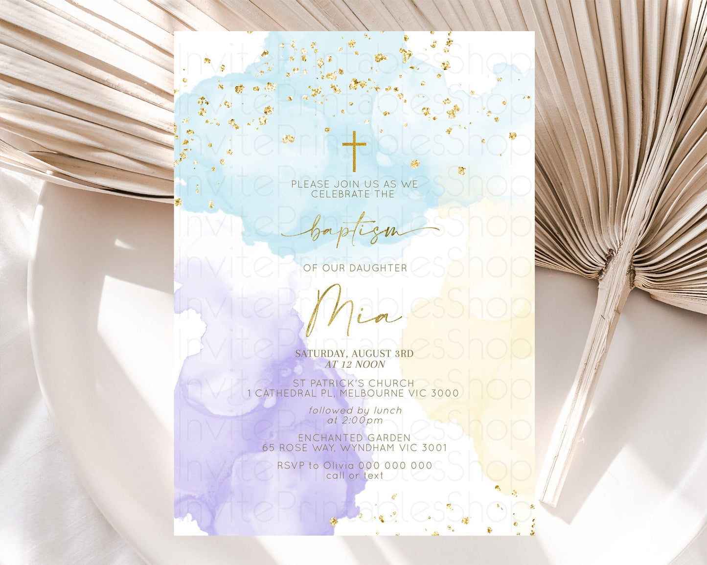 Pastel Baptism Invitation Pastel Colors Watercolor Baptism 1st Birthday Party Gold Ombre Pastel Rainbow Christening Holy Communion D10206