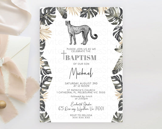 Cheetah Baptism Invitation Cheetah Baptism 1st Birthday Invitation Cheetah Safari Adventure Christening Party Palm Leaf Zoo Cheetah D10823