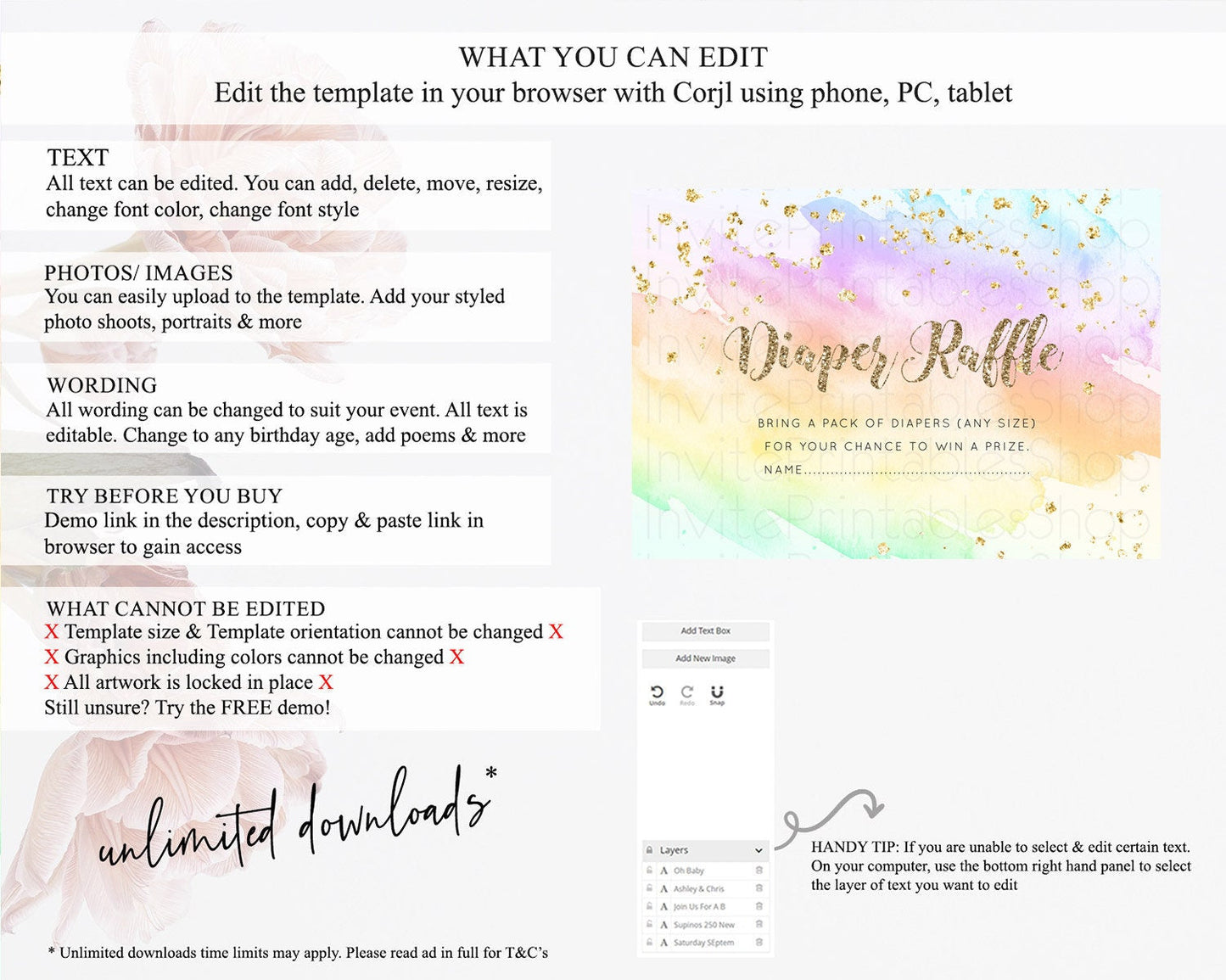 Pastel Diaper Raffle Card Pastel Rainbow Diaper Raffle Insert Colorful Ombre Watercolor Diaper Ticket Confetti Glitter Raffle Game D10643