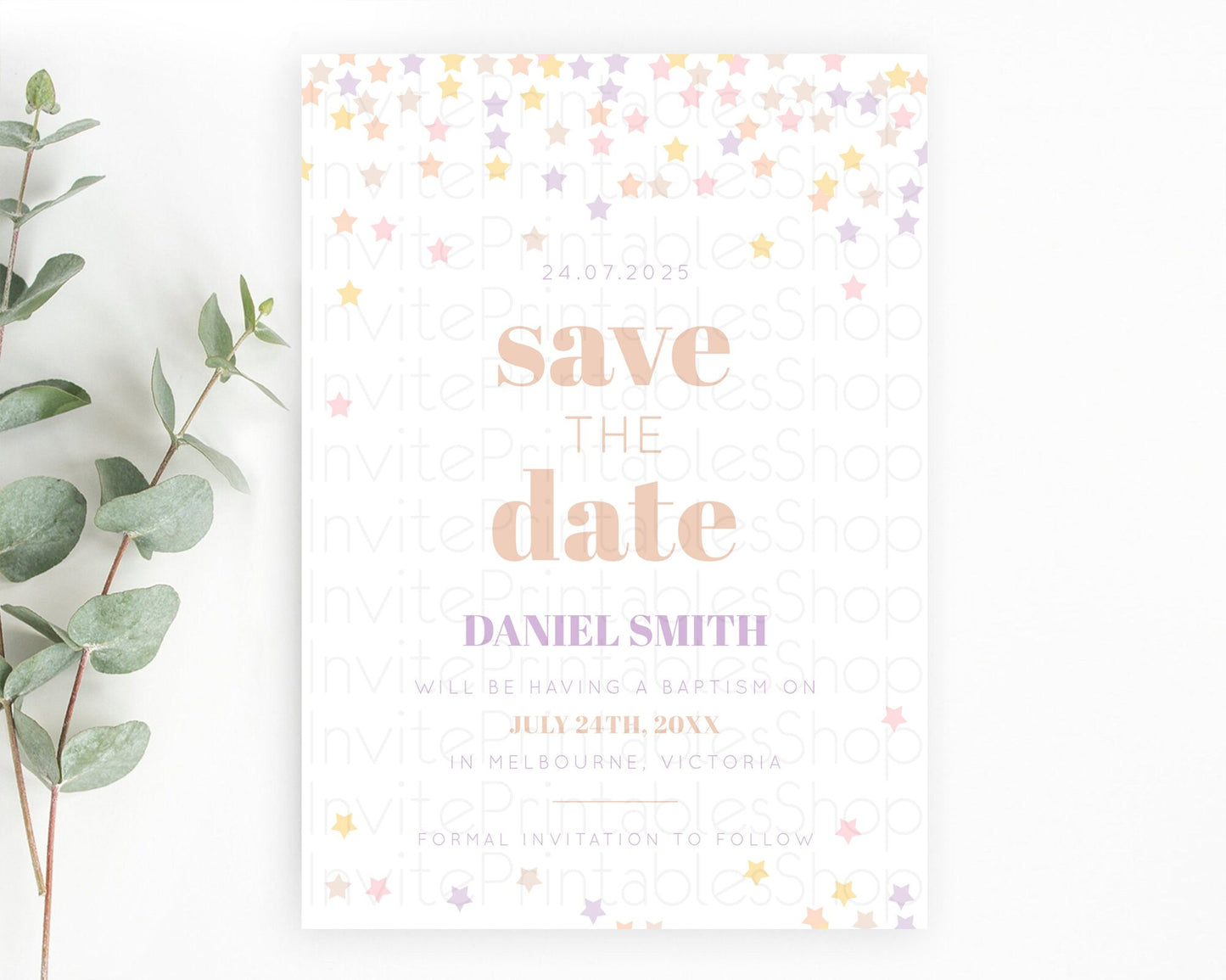 Twinkle Stars Save The Date Template Pastel Twinkle Little Star Party Shooting Star Confetti Sprinkles Birthday Baptism Baby Shower D10810