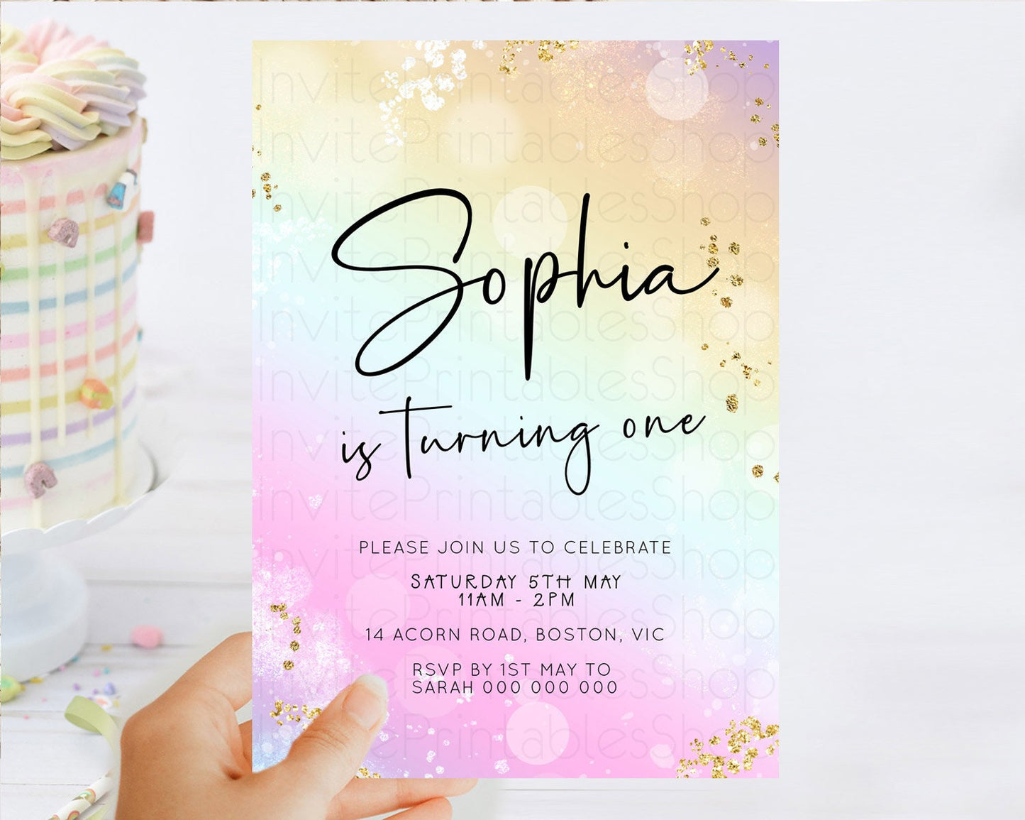 Pastel Birthday Invitation Ombre Watercolor Birthday Invitation Glitter Rainbow Color Splash 1st 2nd 3rd Birthday Invitation D23102