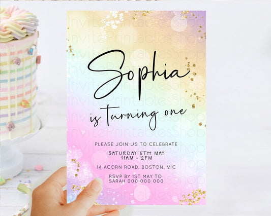 Pastel Birthday Invitation Ombre Watercolor Birthday Invitation Glitter Rainbow Color Splash 1st 2nd 3rd Birthday Invitation D23102