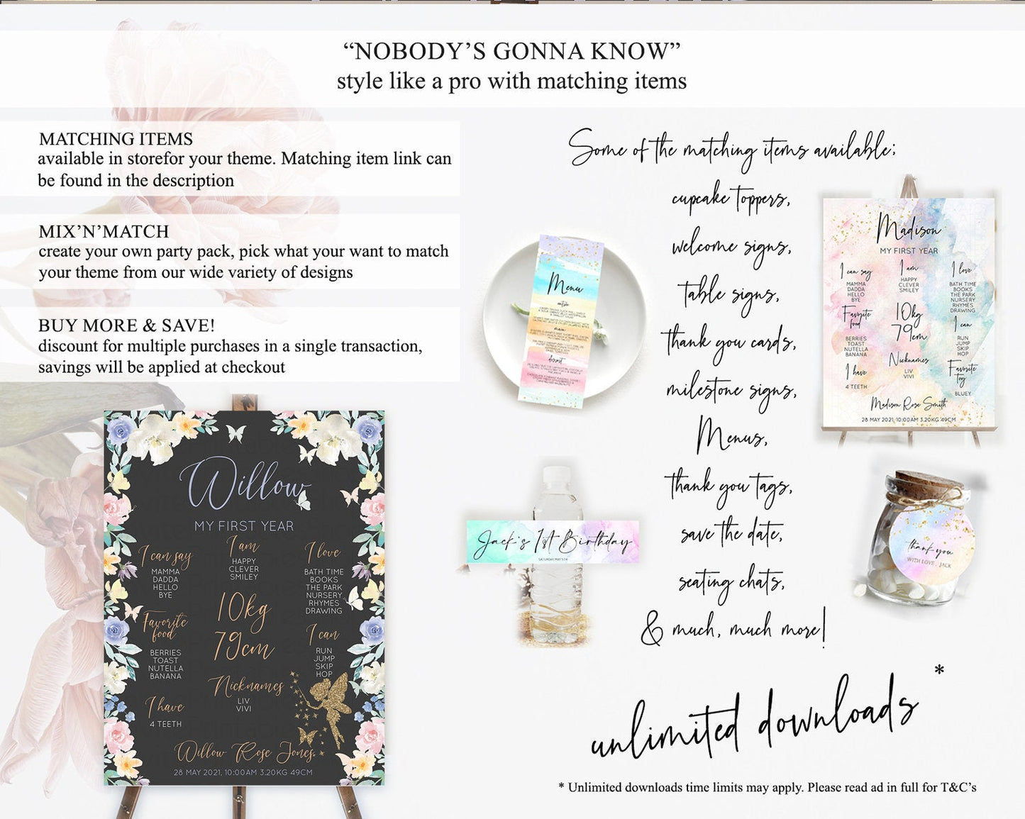 Fairy First Birthday Milestone Poster Fairy Secret Garden Milestone Board Enchanted Garden Pastel Floral Butterfly 1st Birthday Sign D11000