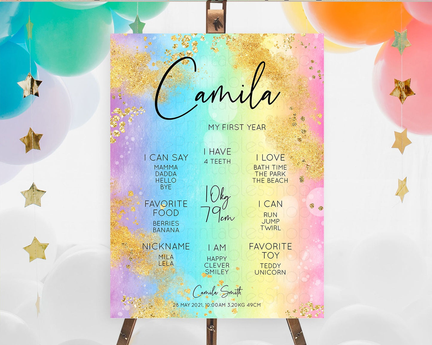 Pastel First Birthday Milestone Board Pastel Rainbow Milestone Poster Colorful Confetti Watercolor Glitter 1st Birthday Welcome Sign D10559